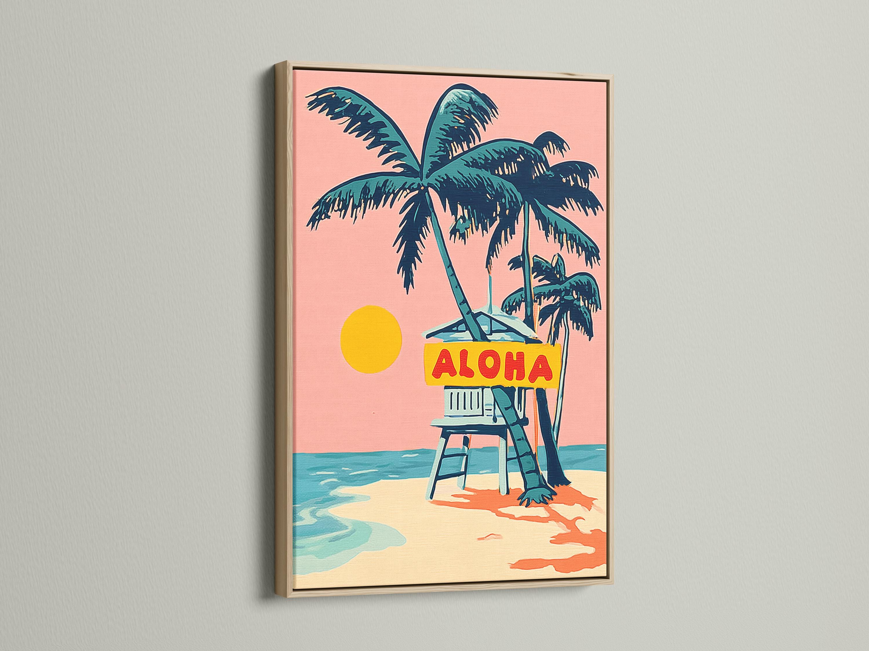 Retro tropical beach artwork with a palm tree, deck chair, ocean waves and ALOHA sign detail view