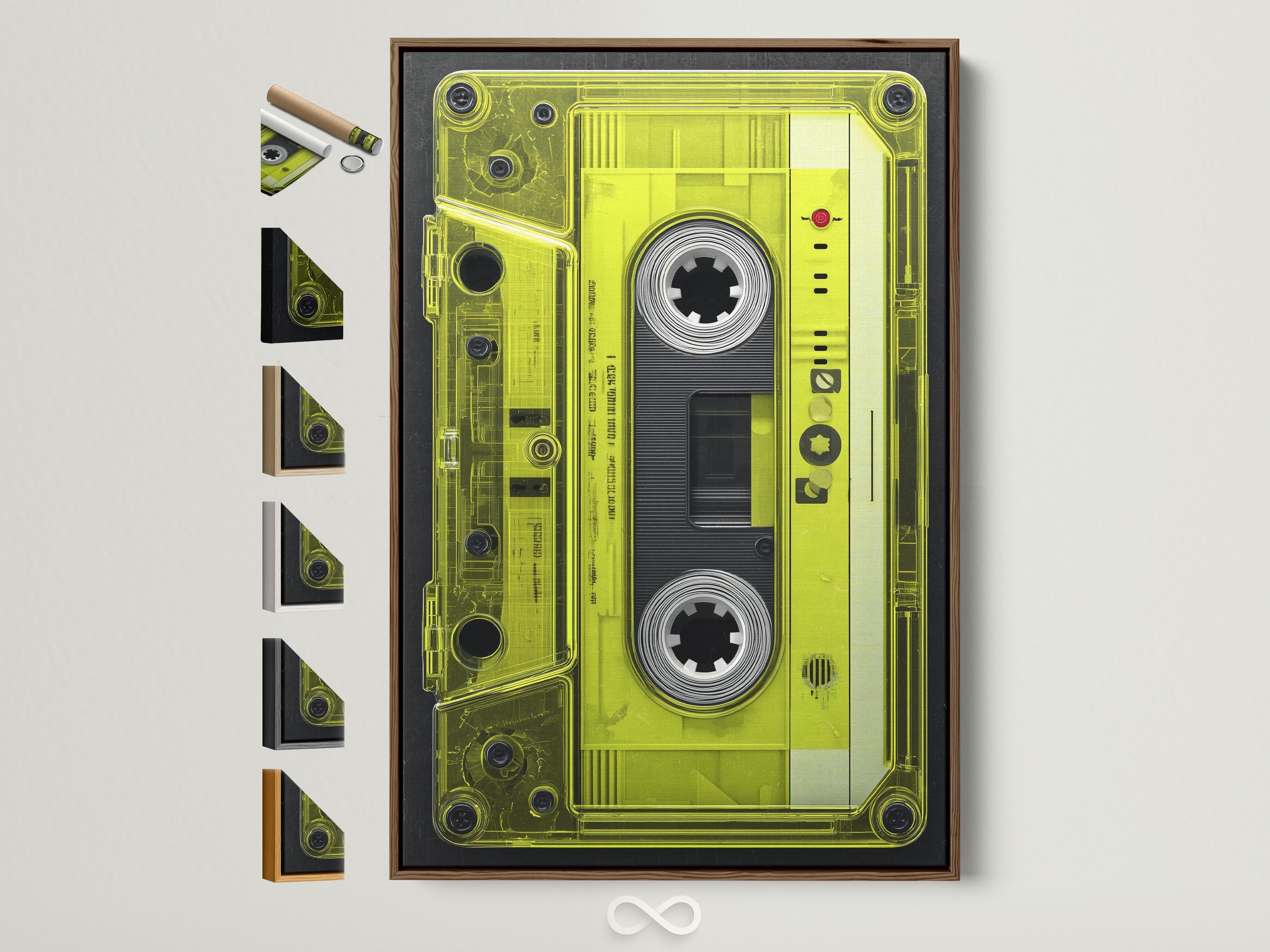 Neon lime cassette tape graphic framed in black with spool circles and a red dot detail detail view