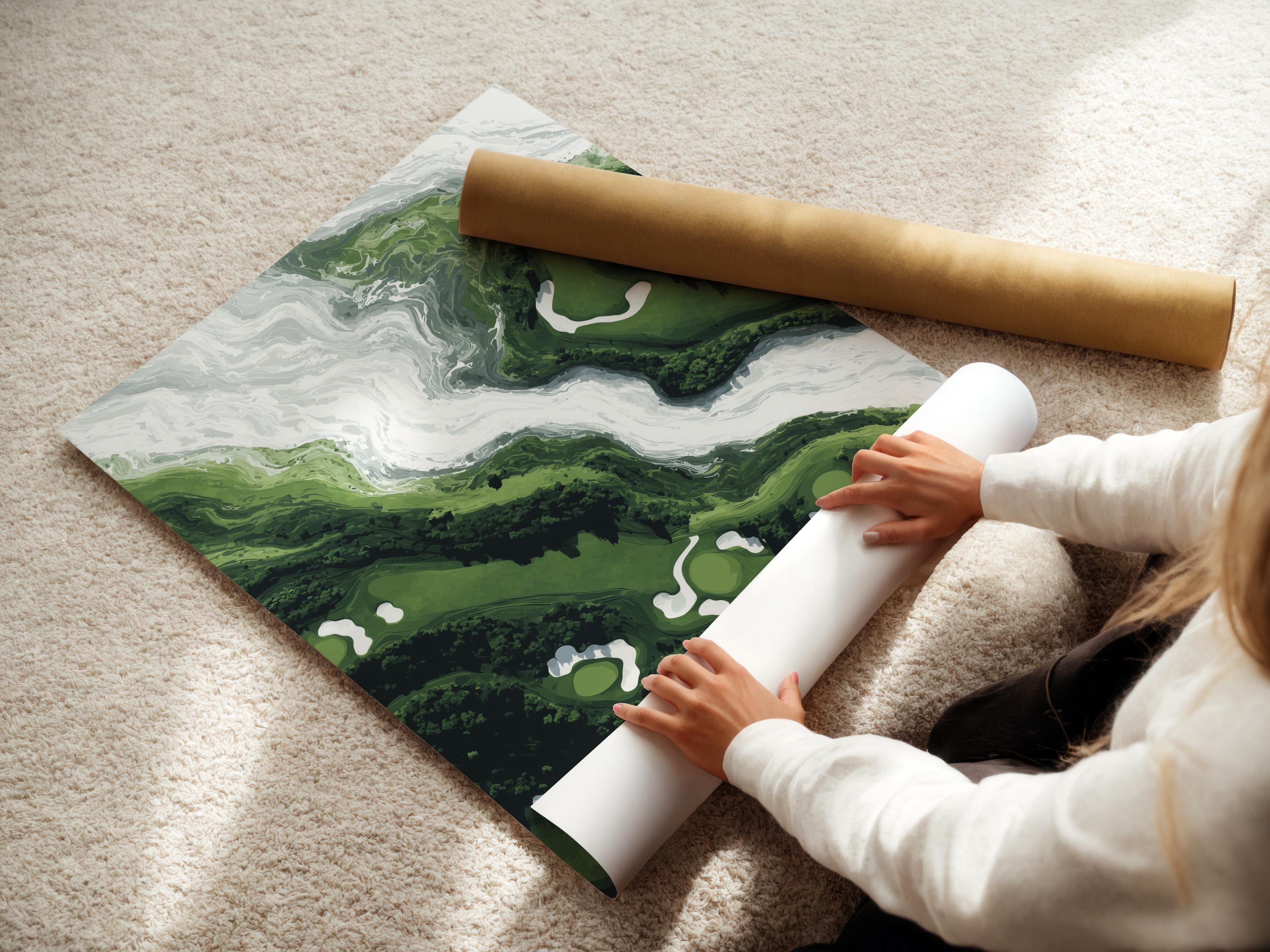 Green and white semi-abstract aerial landscape with a winding pale channel through layered terrain detail view