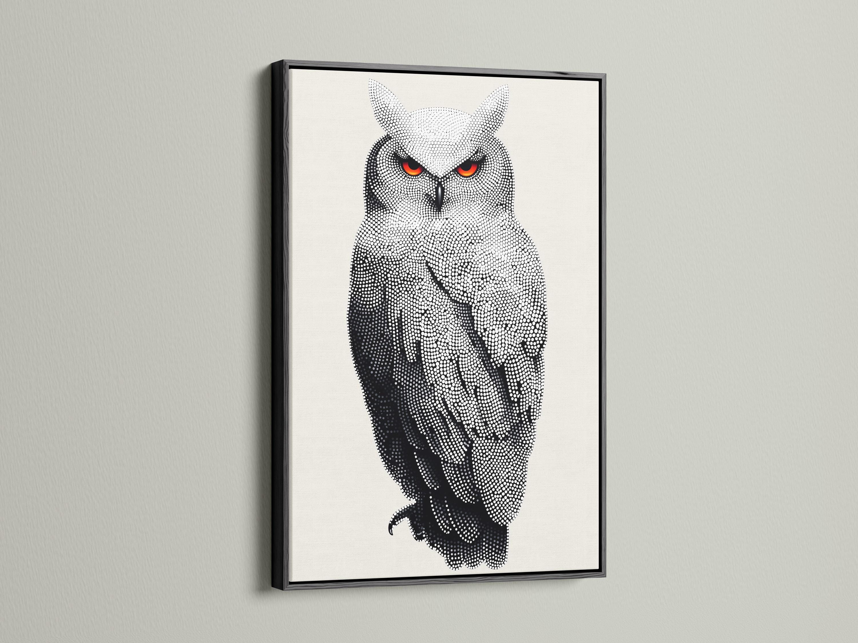 Dotted owl artwork in black and white with bright red-orange eyes detail view
