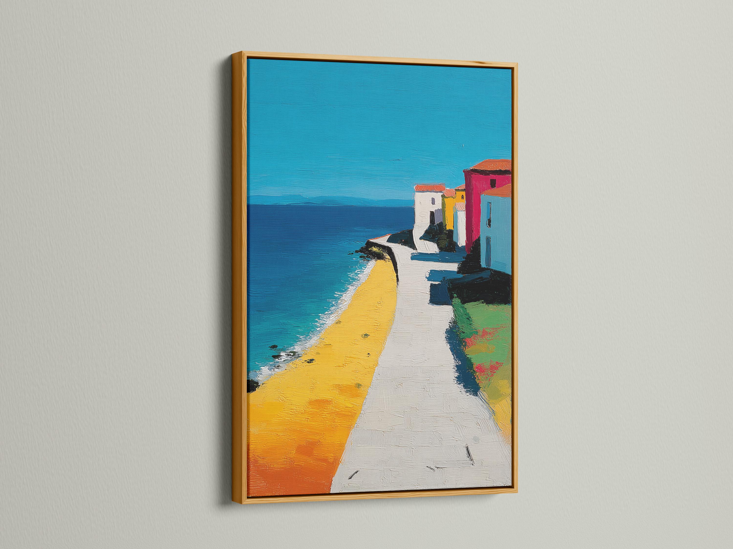 A bright seaside town scene shows turquoise ocean, a yellow sandy beach, and colourful buildings with painterly texture and strong diagonal detail