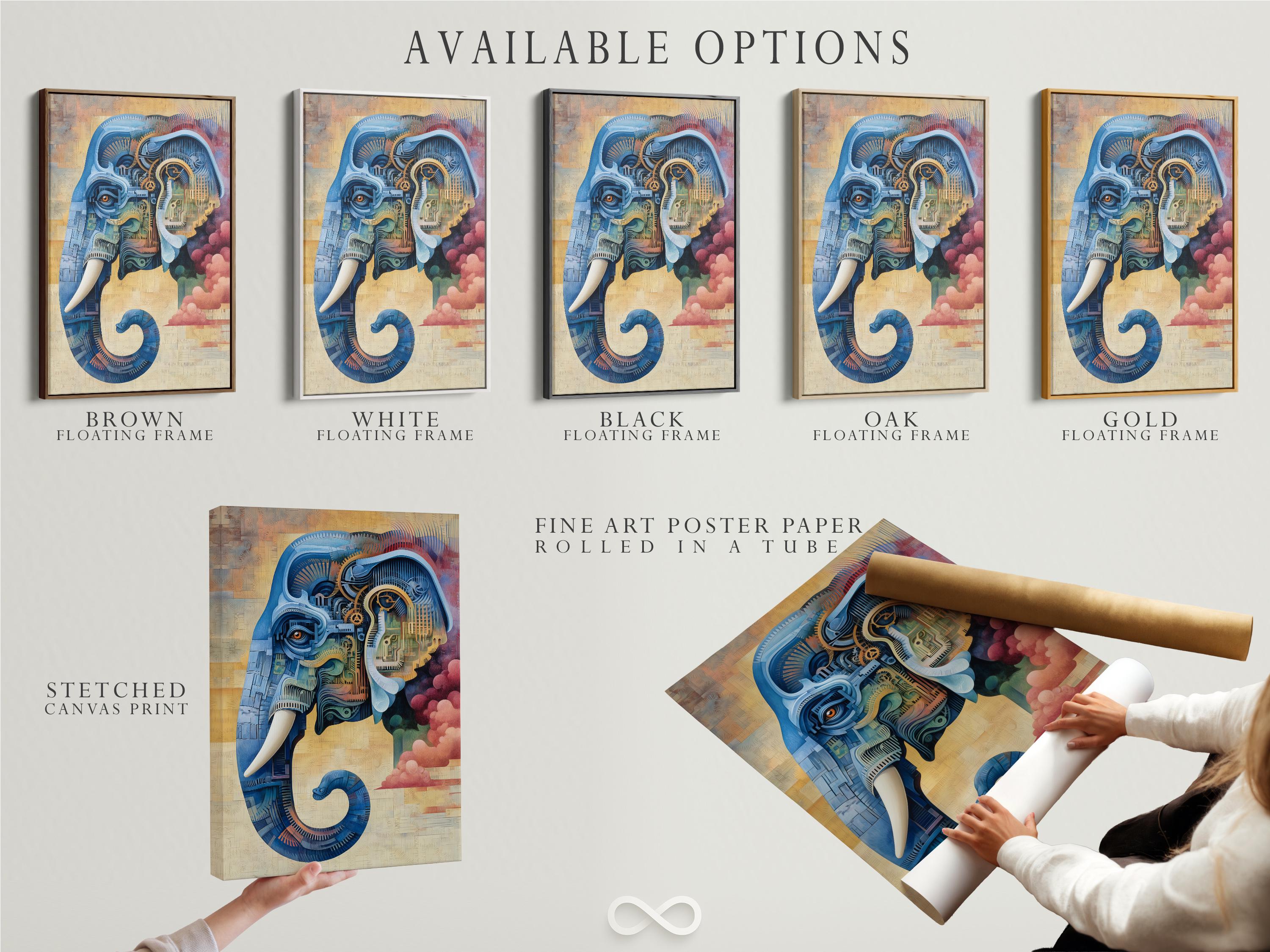 Steampunk-style elephant illustration in blue with gold gear details detail view