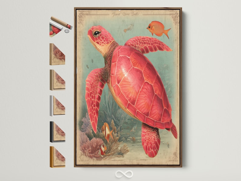 Red sea turtle swimming in a vintage coral reef scene with orange fish and teal ocean water