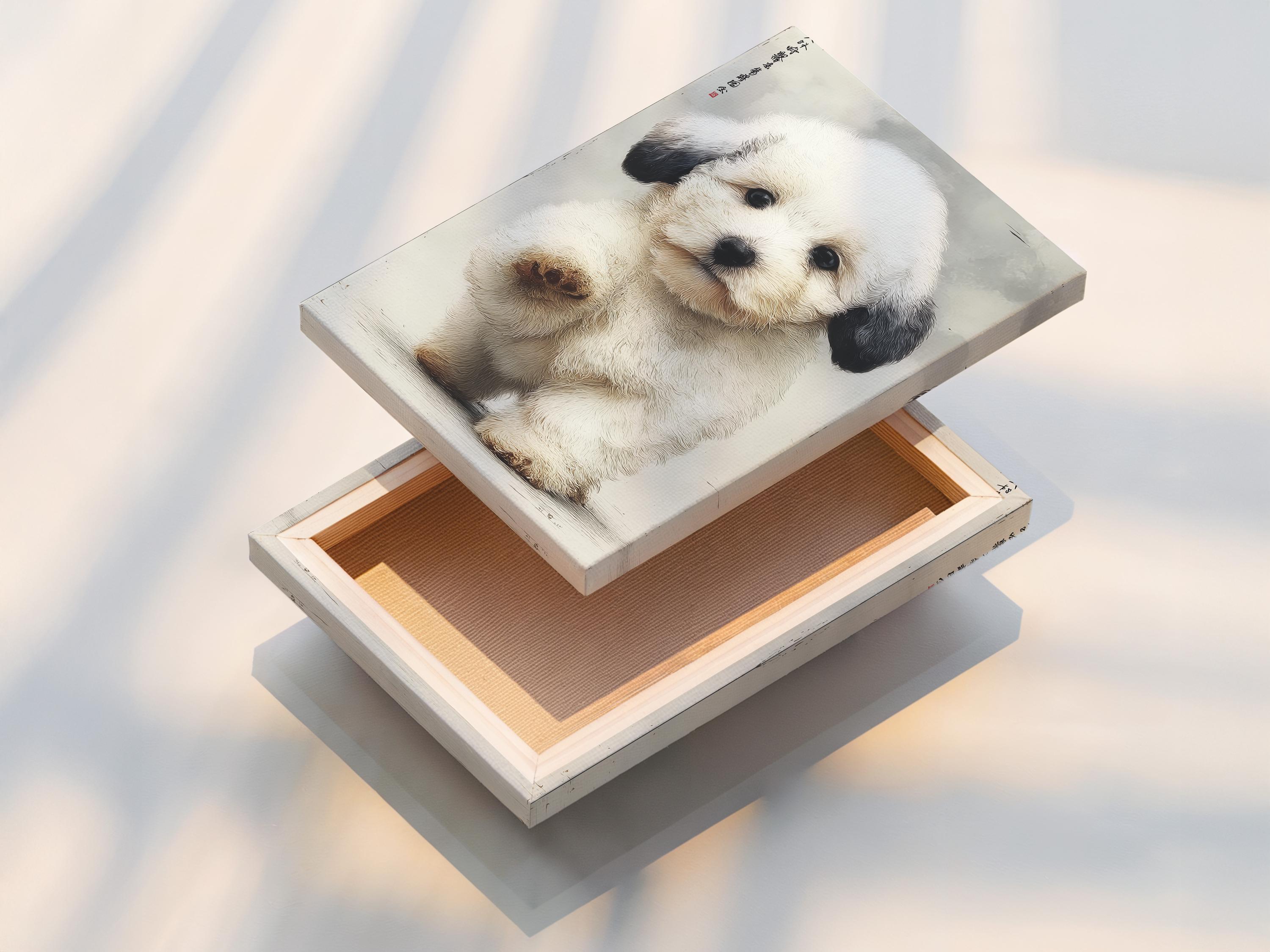 Textured cream puppy portrait with dark ears and faint characters in the top-left detail view