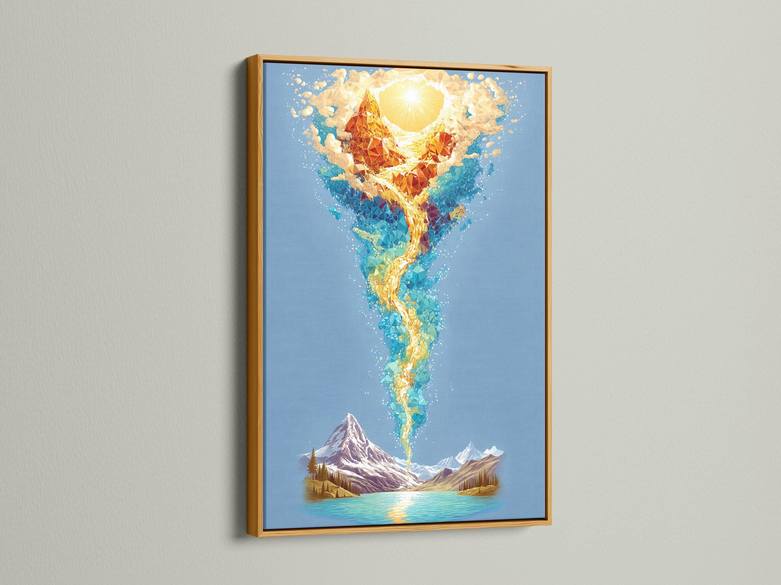 Blue mountain lake artwork with a glowing golden faceted human-like figure rising above it detail view