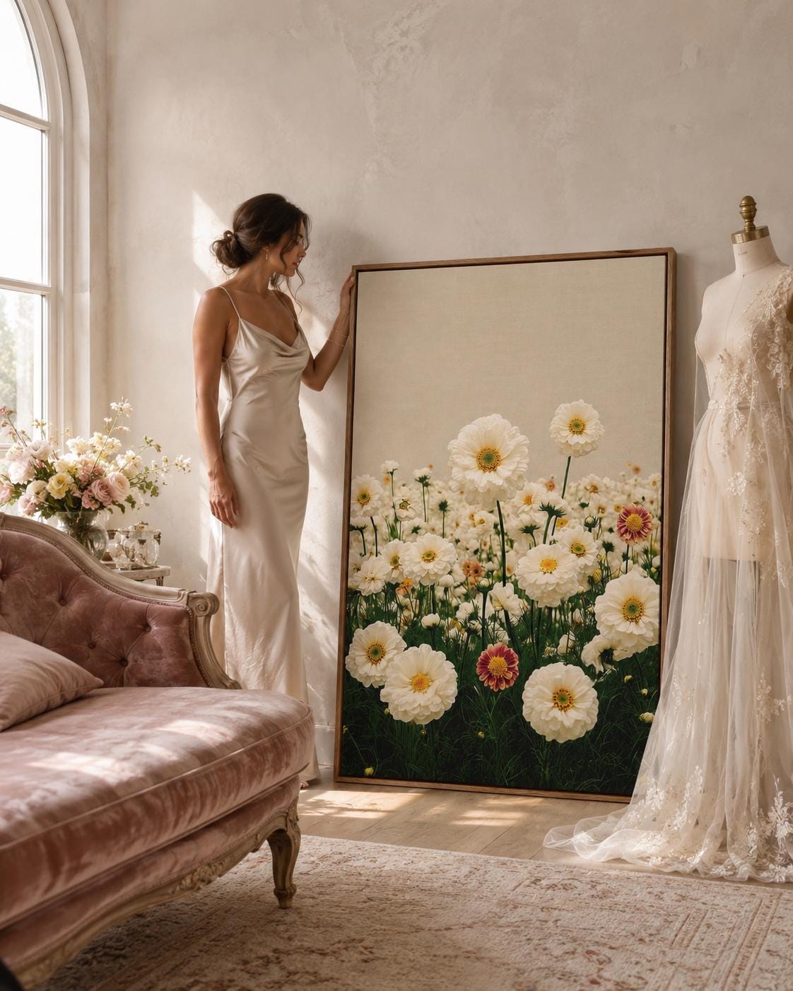 Room mockup showing a person holding flowers beside framed daisy meadow artwork