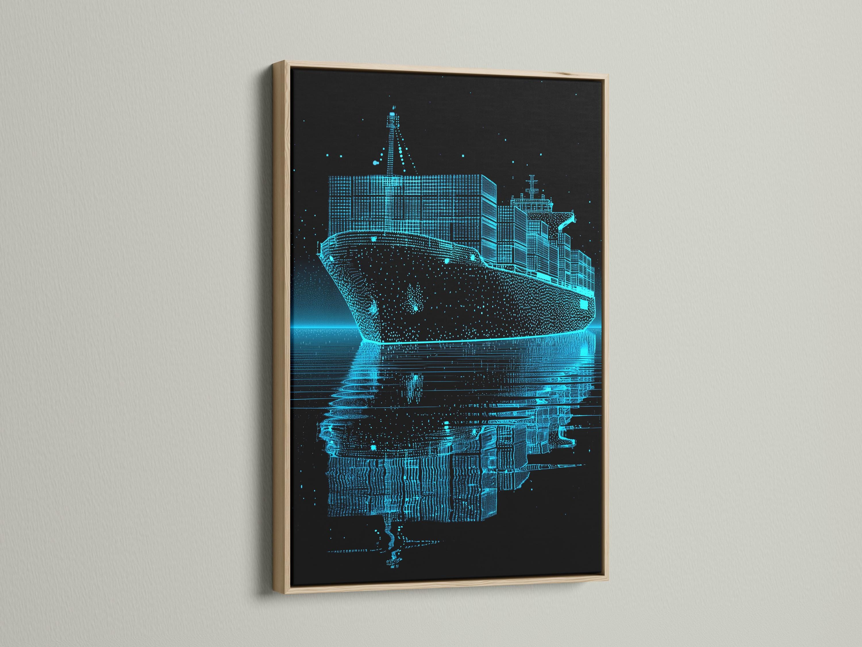 Cyan blueprint cargo ship on a dark background with dotted lines and water reflection detail view
