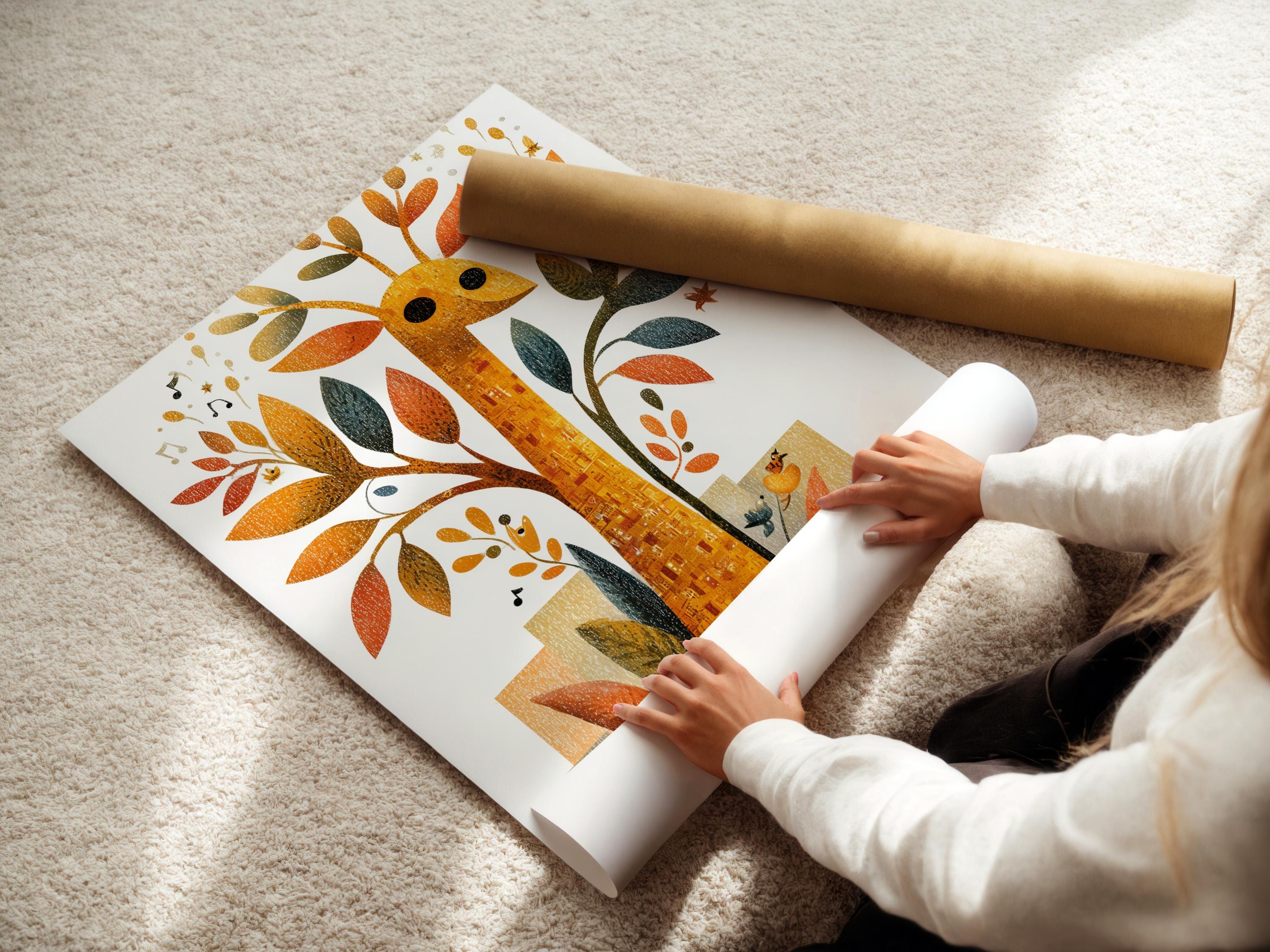 Framed giraffe and tree illustration with gold, orange and teal leaves plus music notes detail view