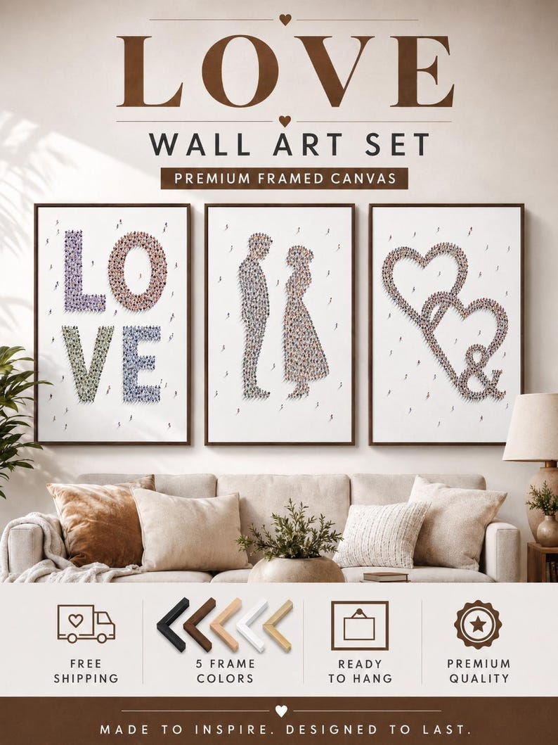 A love-themed typographic set shows “LOVE” with small heart details and two human couple silhouettes made from repeating tiny figures
