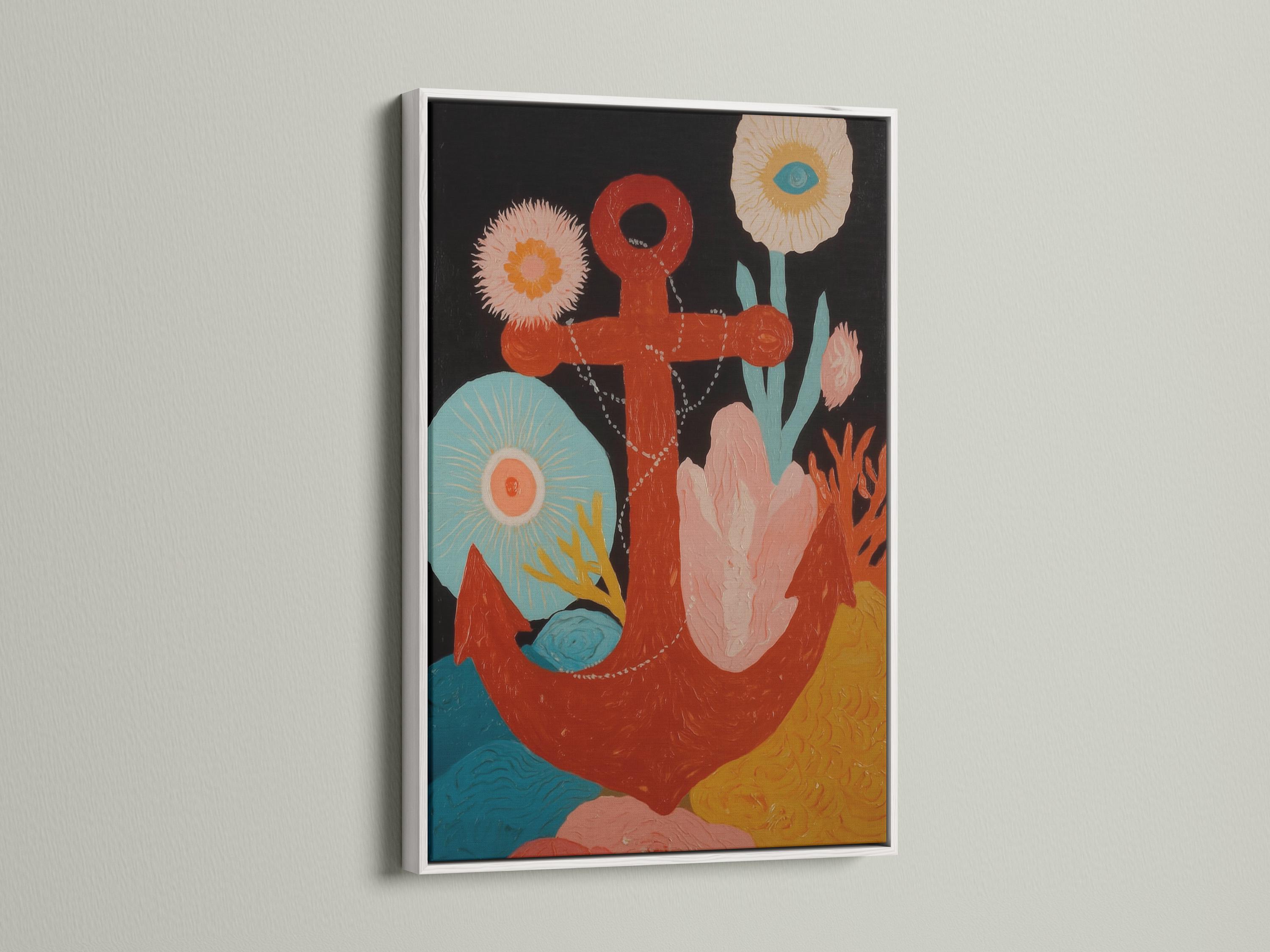 A stylised nautical anchor motif is set over dark background clouds, with coral, teal, pink, and gold tones and layered flower-like bursts around the