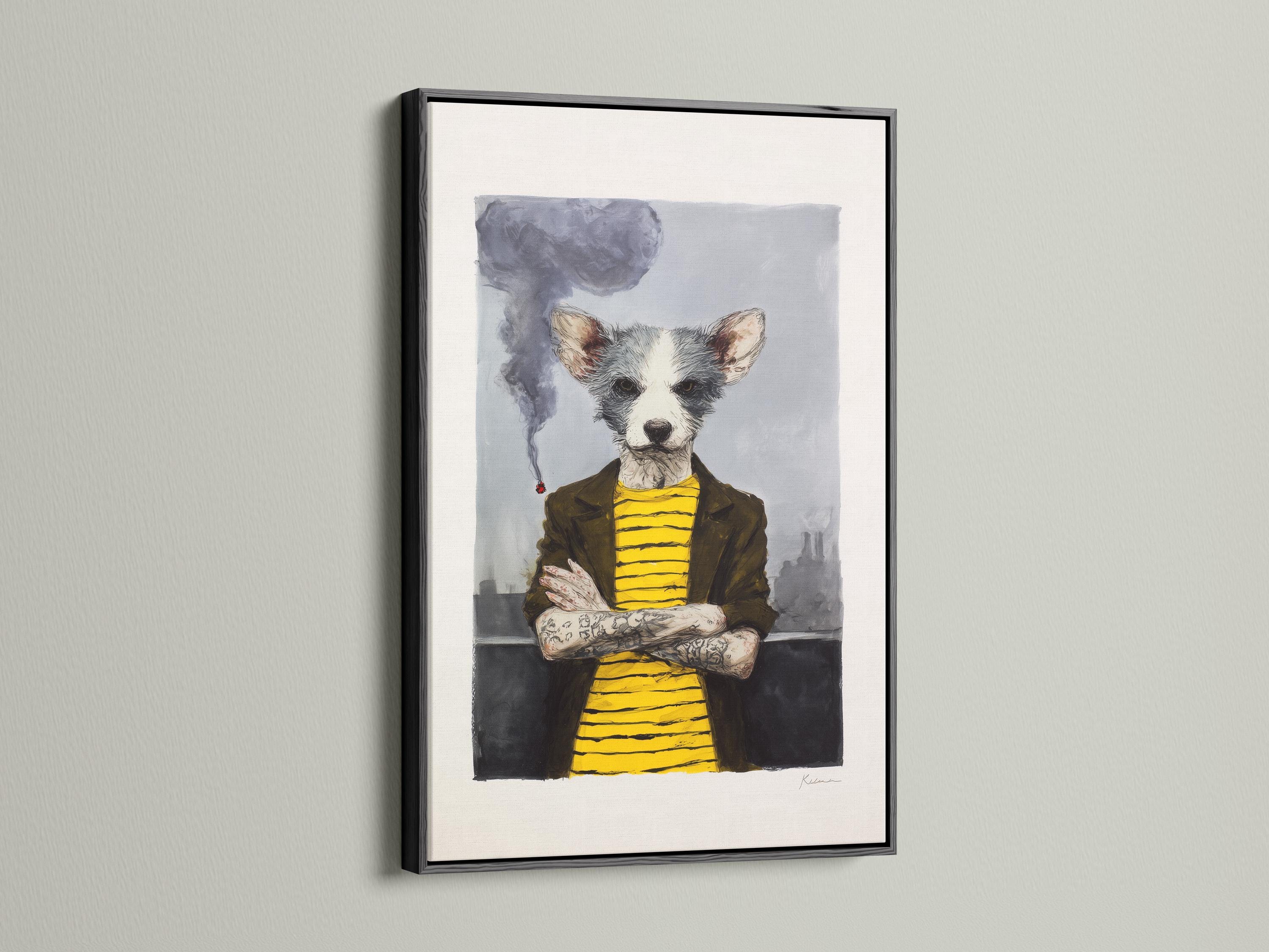 Stylised dog portrait with grey smoke and a bright yellow striped top, seated and facing forward detail view