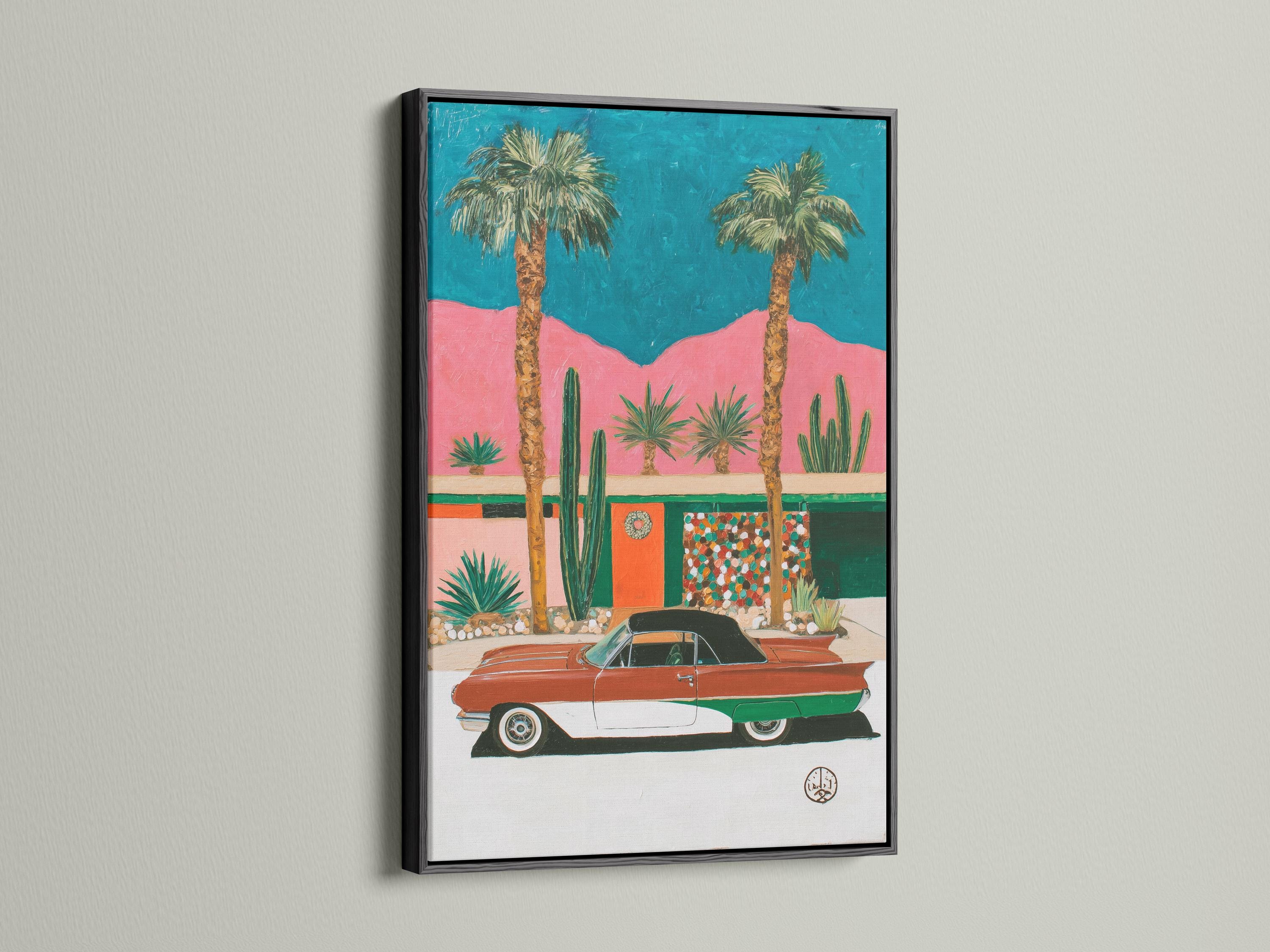 Retro car in a desert scene with palm trees, cacti, and teal and pink background detail view