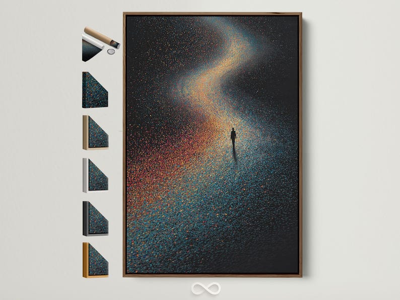 Dark galaxy spiral abstract with warm gold glow, star specks, and a small human silhouette