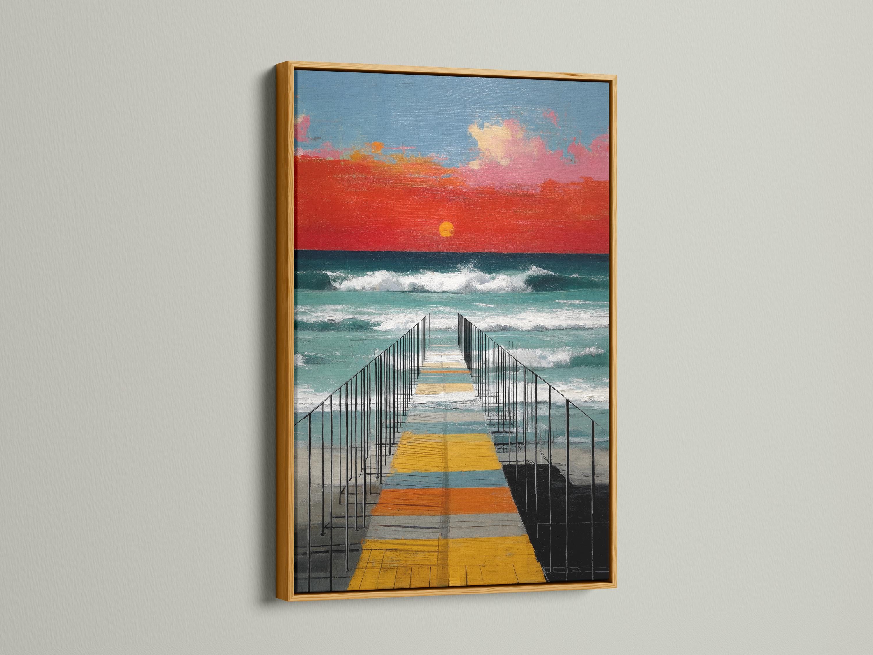 Sunset pier seascape wall art mockup on a light background with framed versions shown