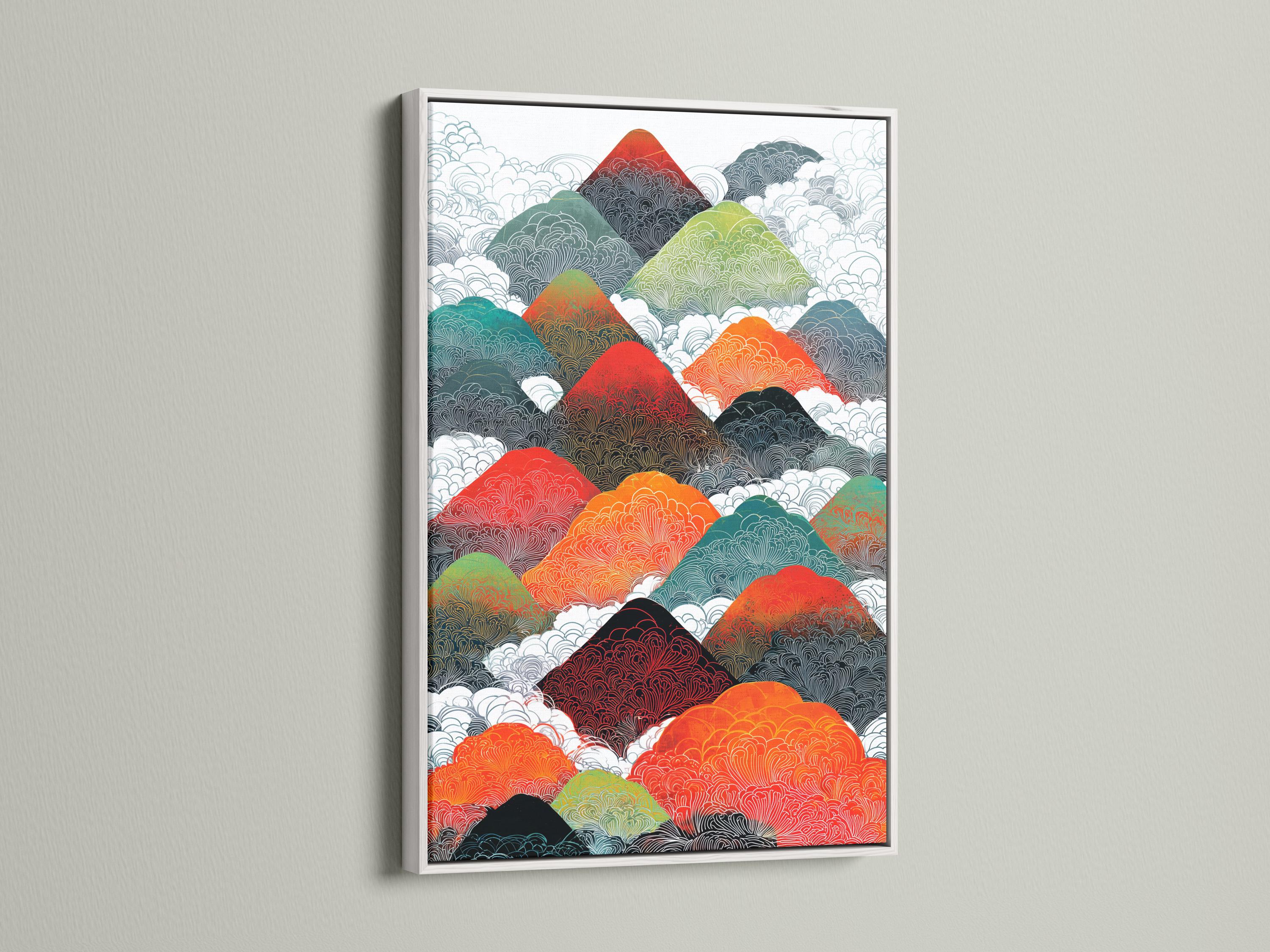 Colourful abstract mountain landscape with stepped ridges filled with wave-like patterns detail view