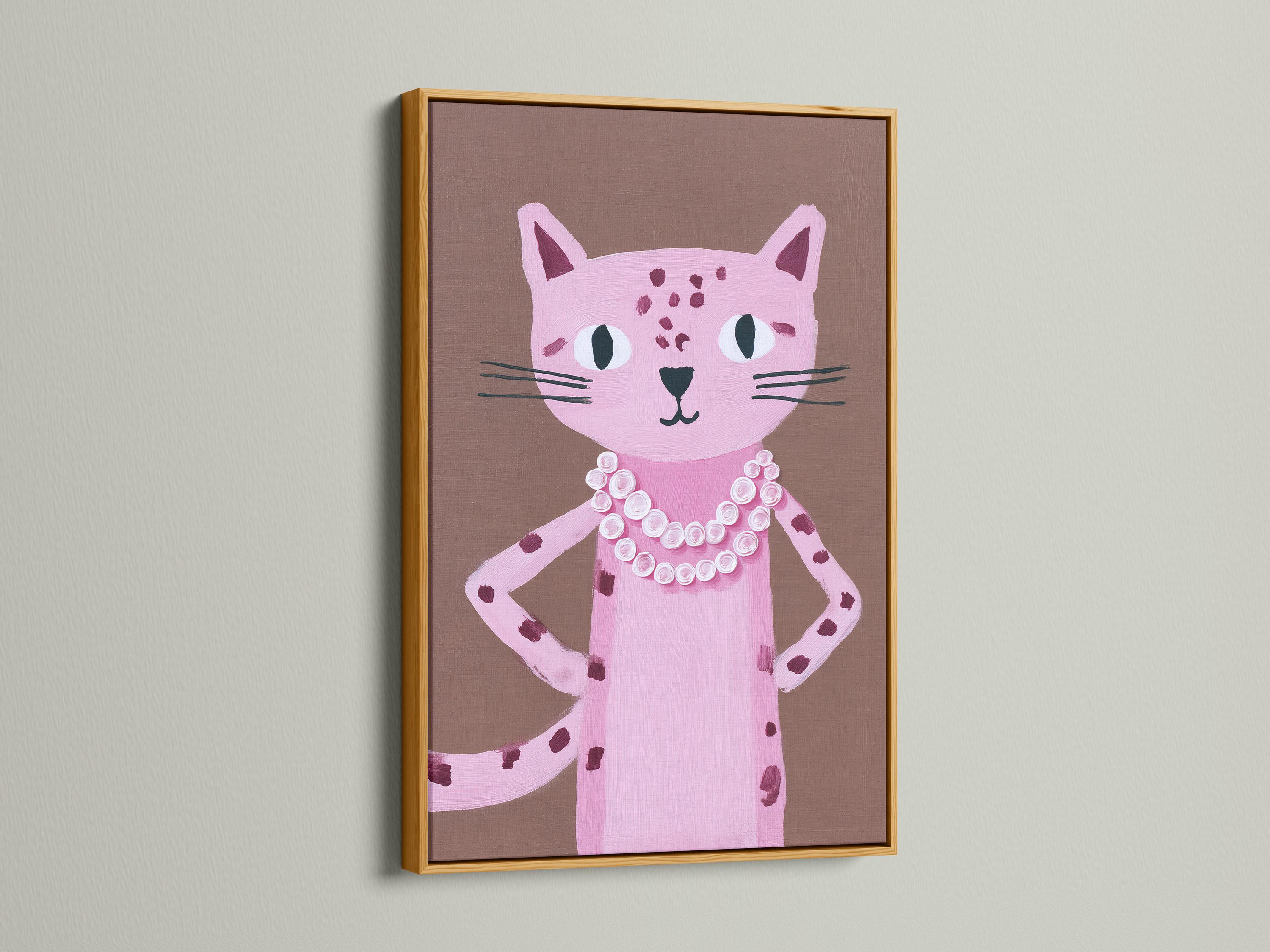 Portrait of a pink cat with large eyes and a white and pink rosette collar on a taupe background detail view
