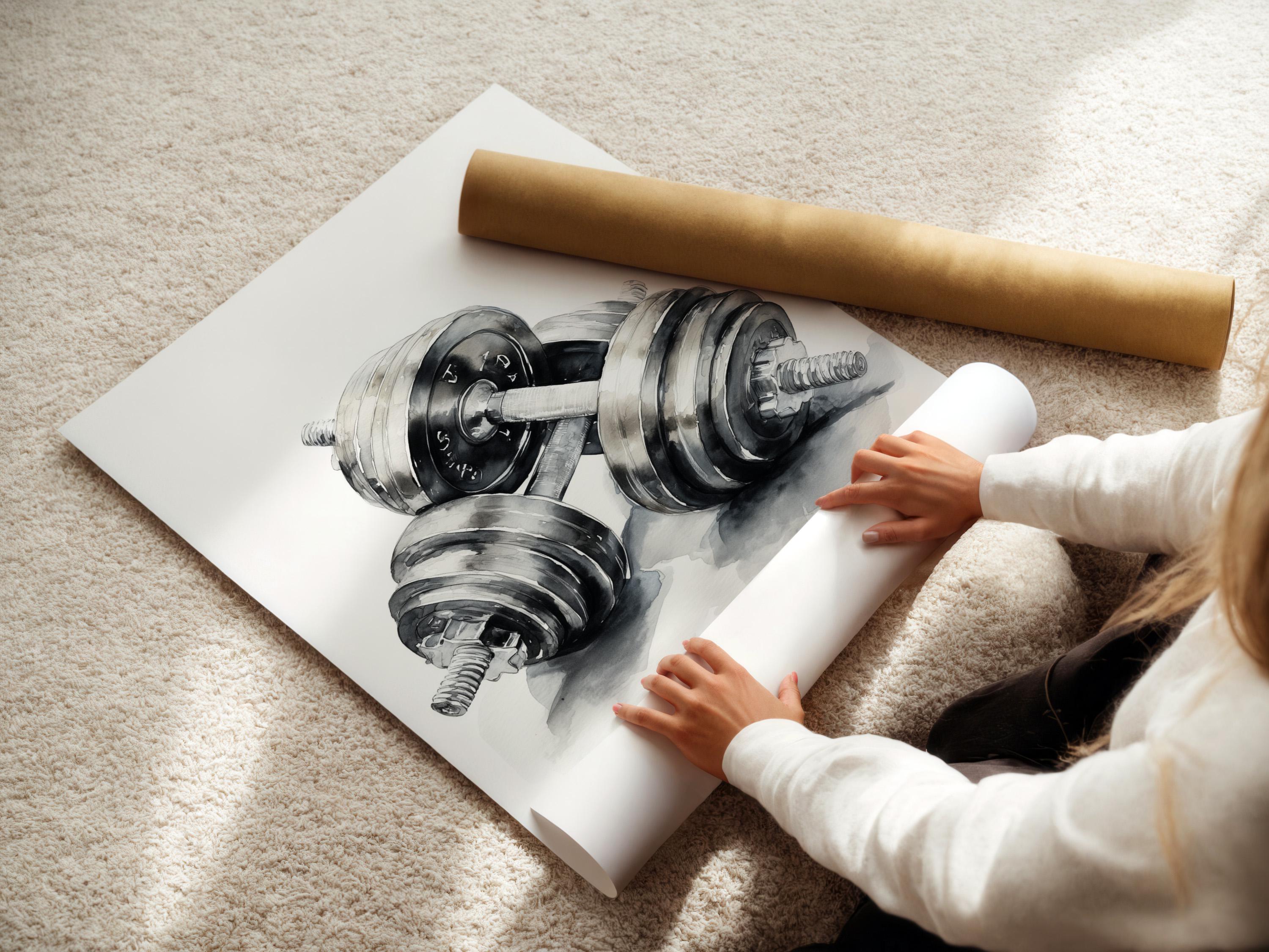 Monochrome weightlifting illustration of a barbell with stacked plates and smoky shading detail view