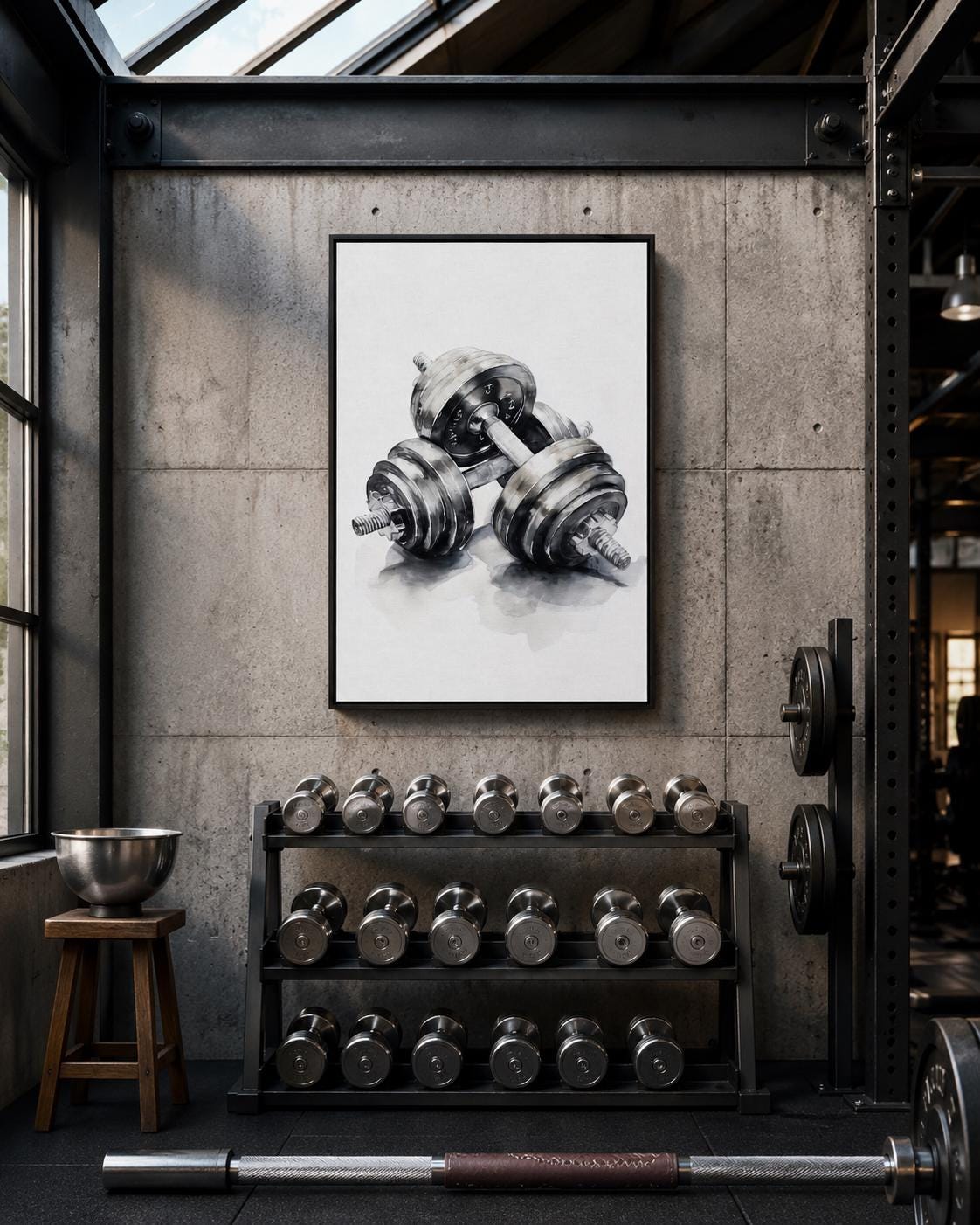 Monochrome weightlifting illustration of a barbell with stacked plates and smoky shading detail view