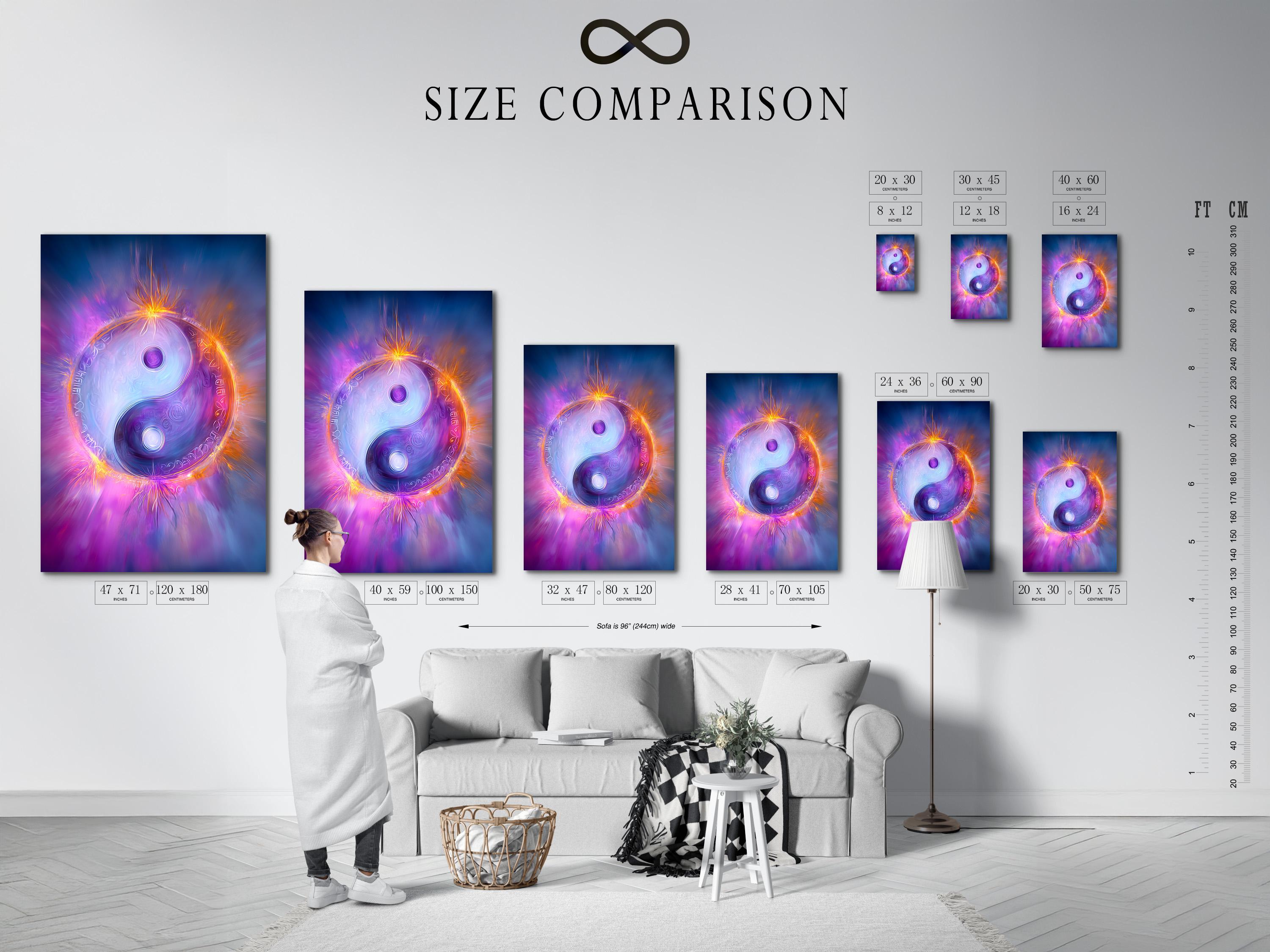 A cosmic yin-yang symbol glows in swirling purples and blues, framed by bright orange light rays and soft halo effects detail view
