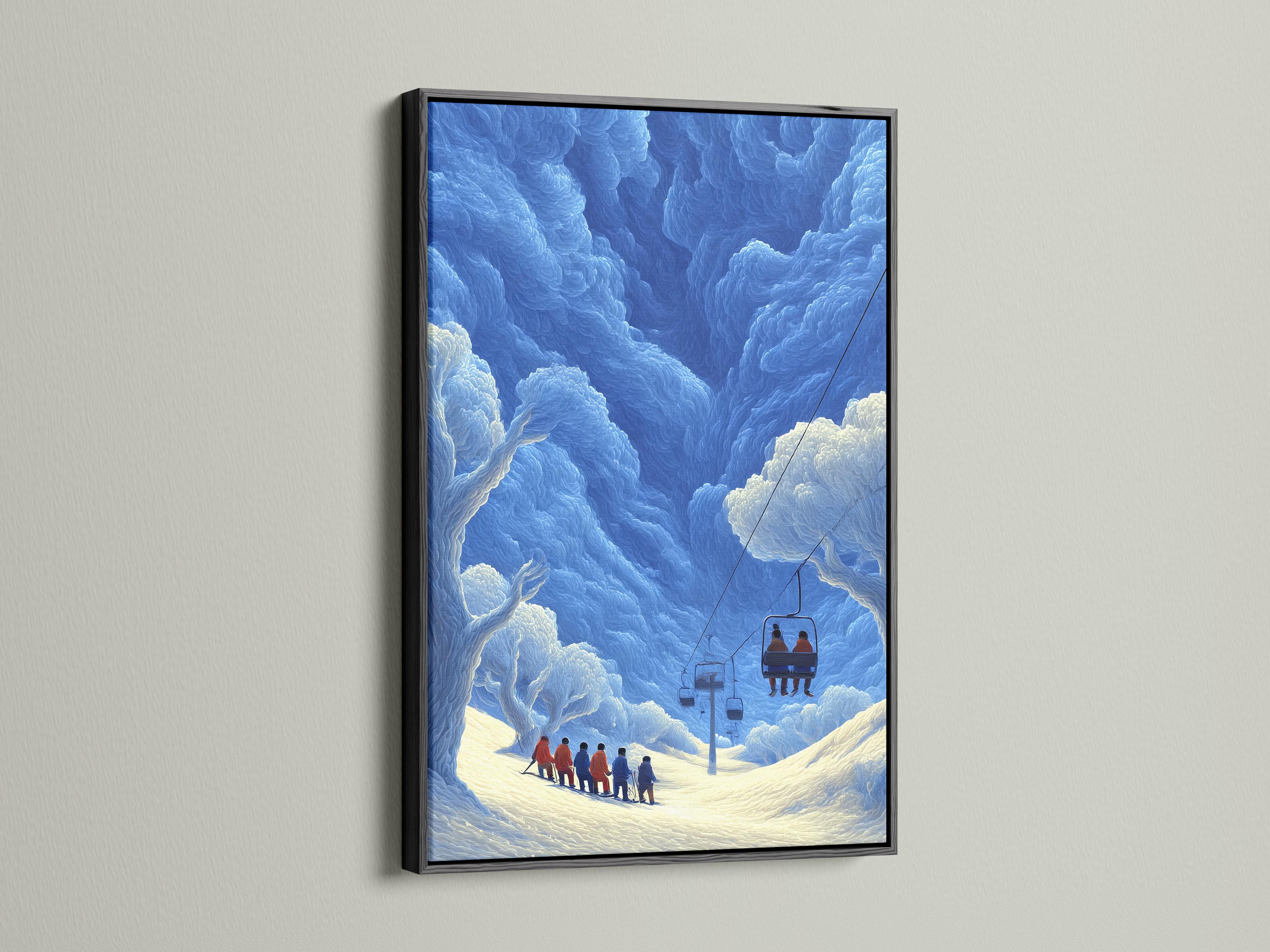 Blue winter ski resort scene with chairlift cabin and skiers in snowy mountains detail view