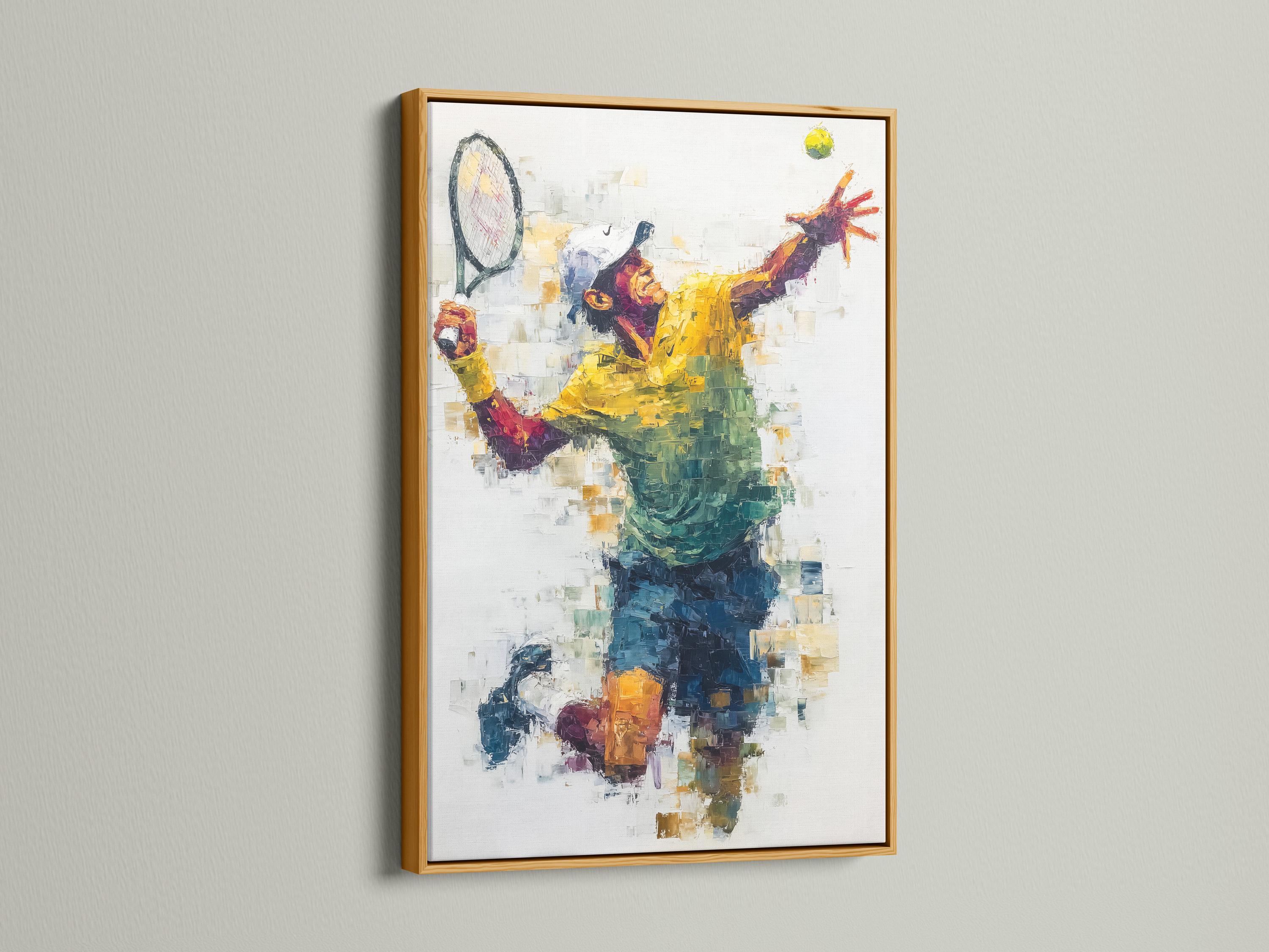 Room mockup showing framed abstract tennis player artwork with yellow, blue and teal colour blocks