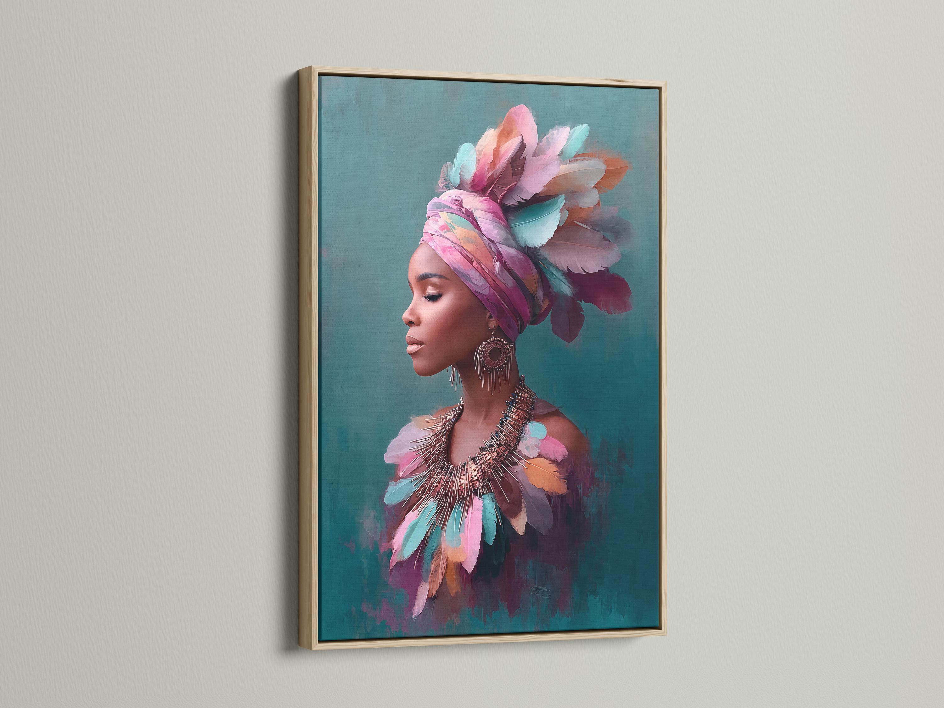 Stylised portrait of a woman in side profile with a layered feather headdress in pink, teal and purple detail view