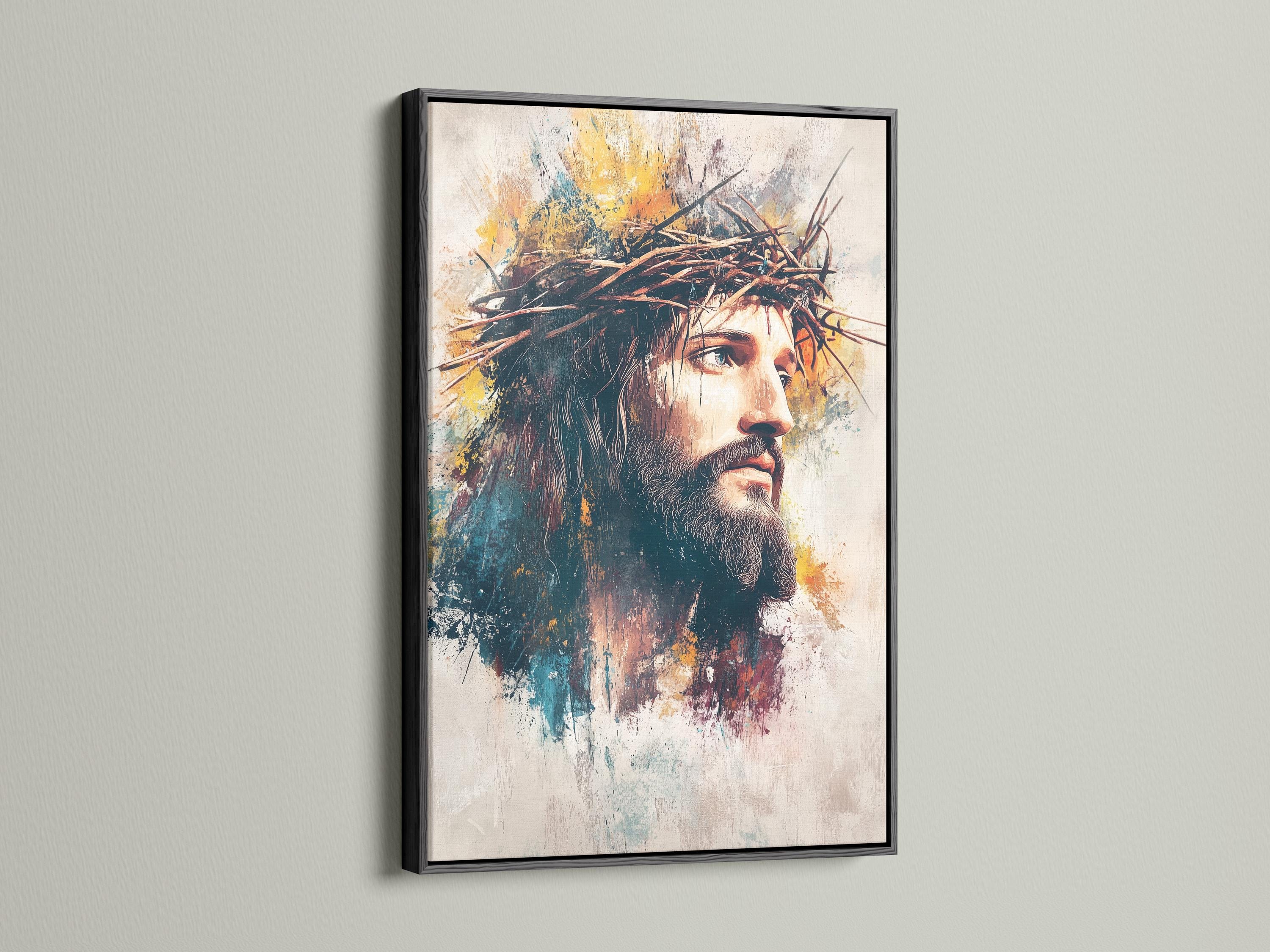 Side-profile Jesus portrait with textured teal, ochre and muted red over an ivory background detail view