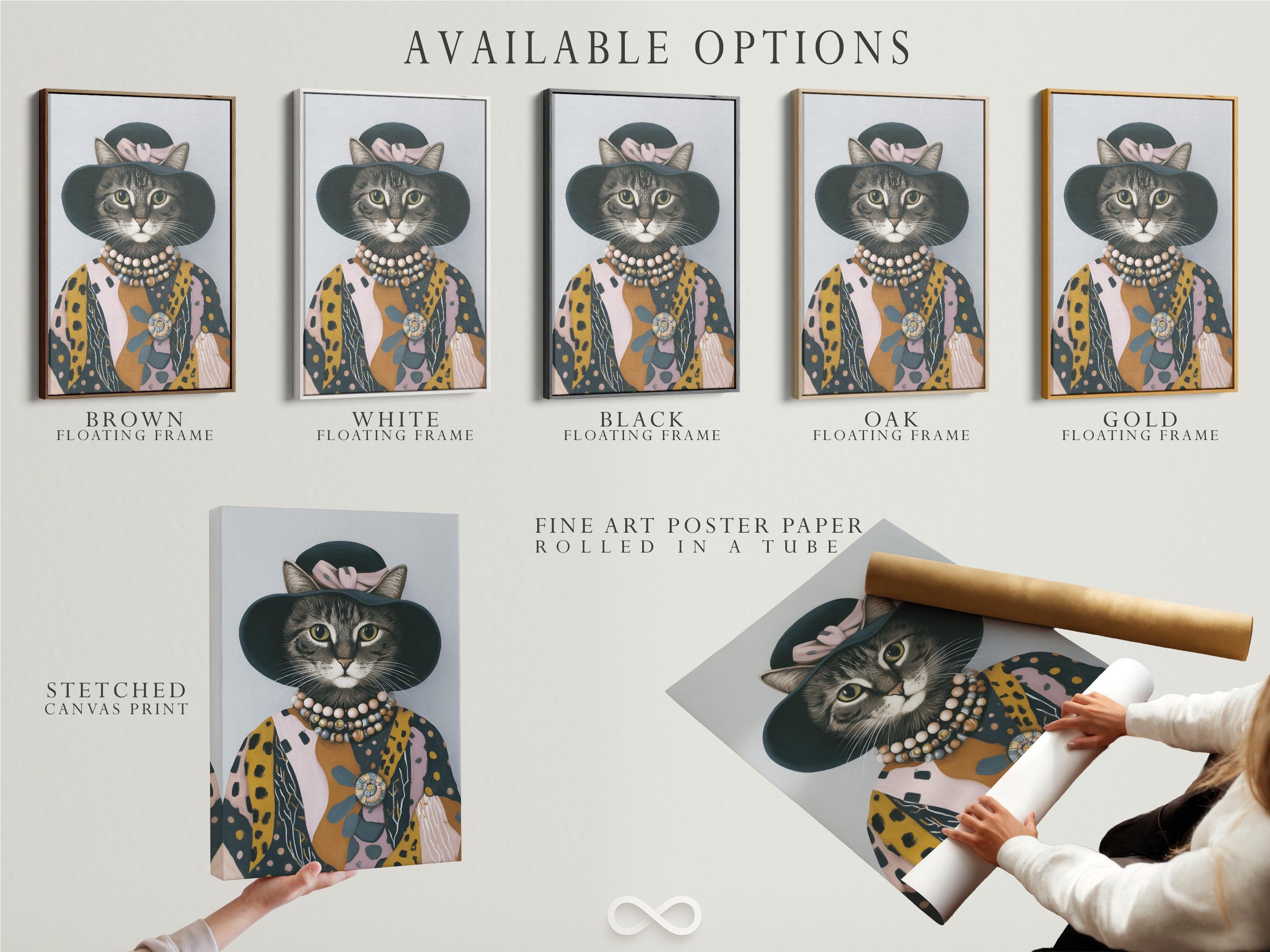 Stylised cat portrait with a dark hat, patterned coat, beaded collar and ornate brooch detail view