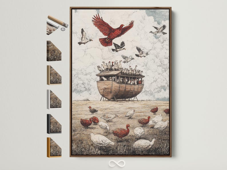 Vintage illustration of a red-feathered bird of prey flying above a wooden ark full of birds and grass