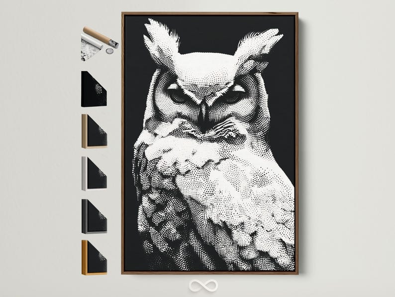 Black and white owl portrait made from dense dotted patterning
