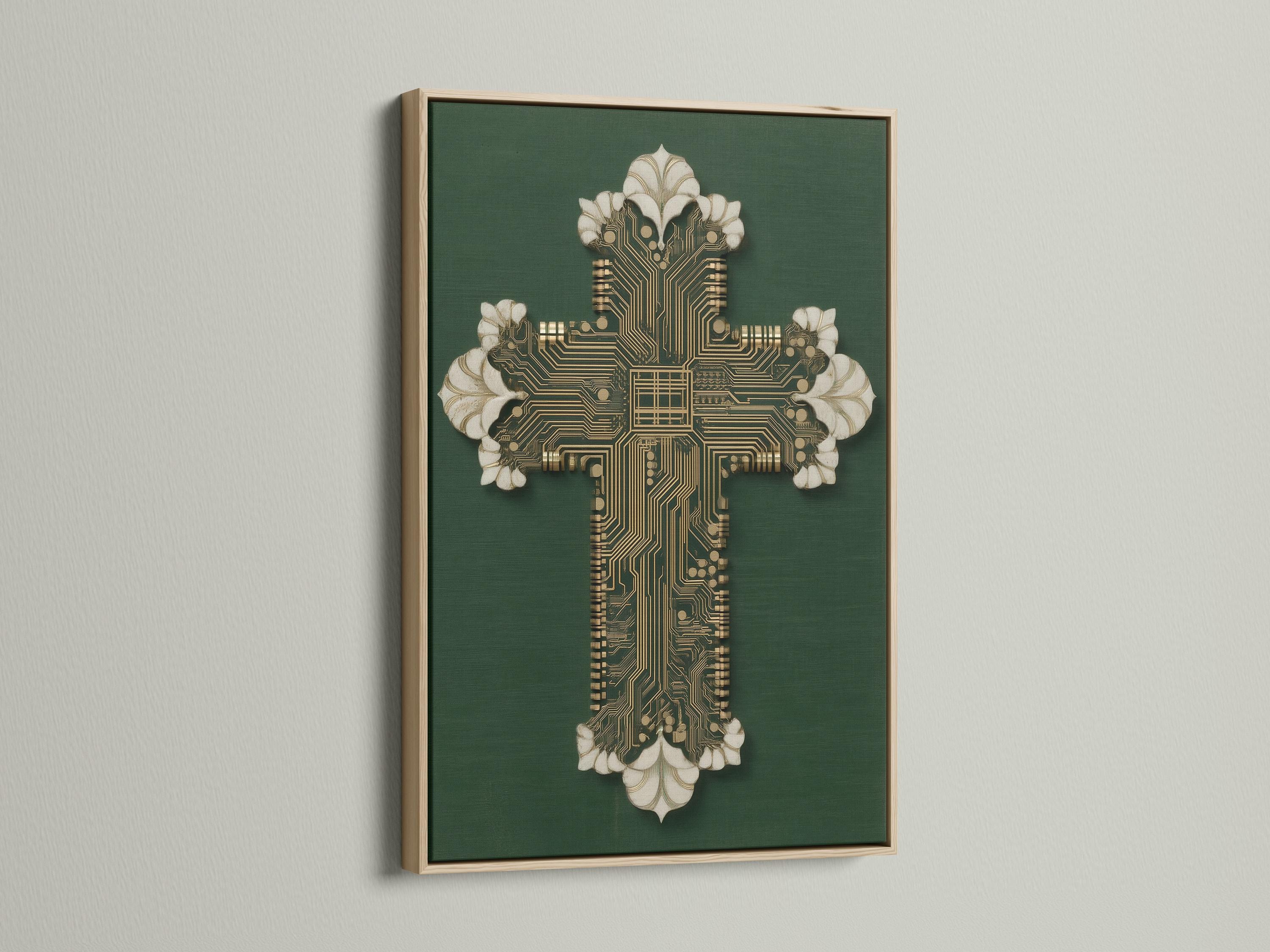 Gold circuit-board cross motif on a deep green background with white petal-like accents detail view