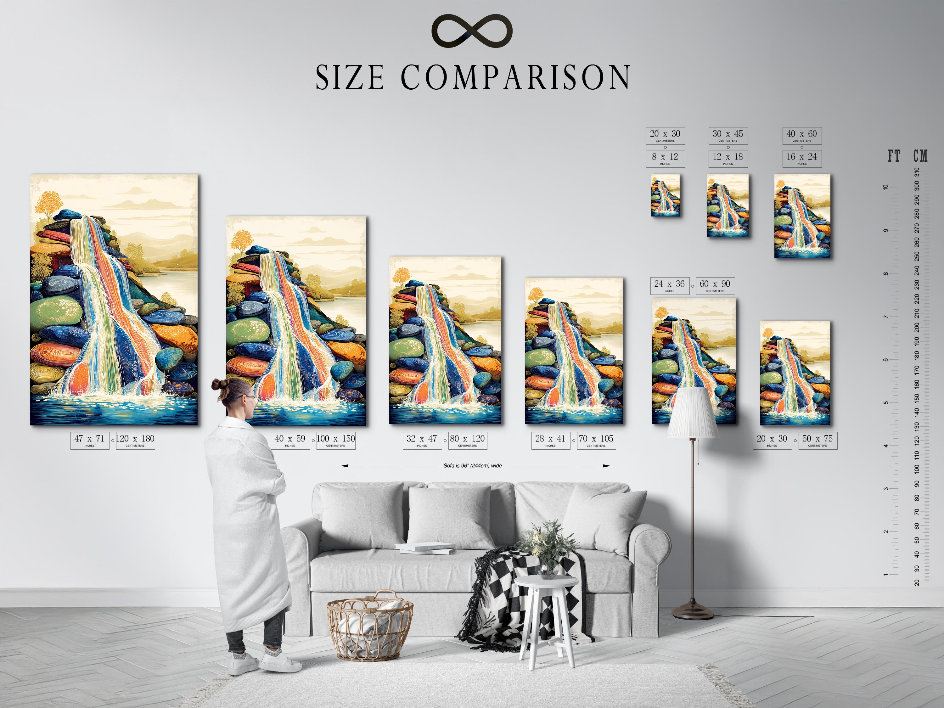 Room mockup showing a framed waterfall artwork with blue and gold colours