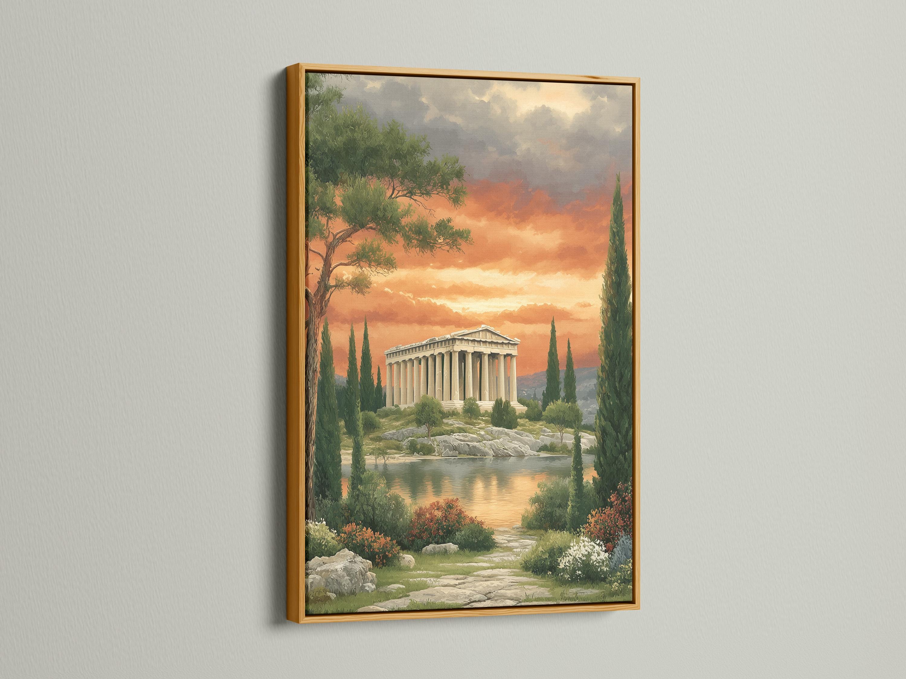 A classical temple by a calm lake under a warm orange sunset sky with trees and greenery in the foreground detail view