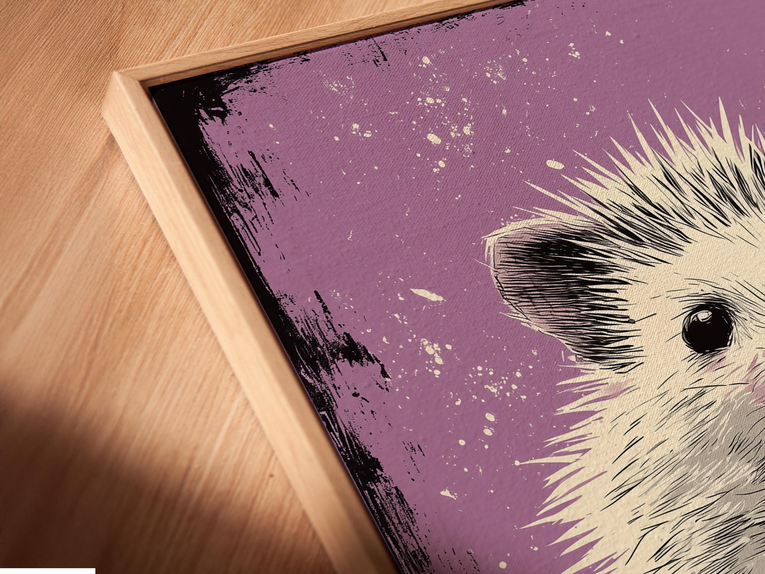 Hedgehog artwork shown in a framed wall mockup on a light background