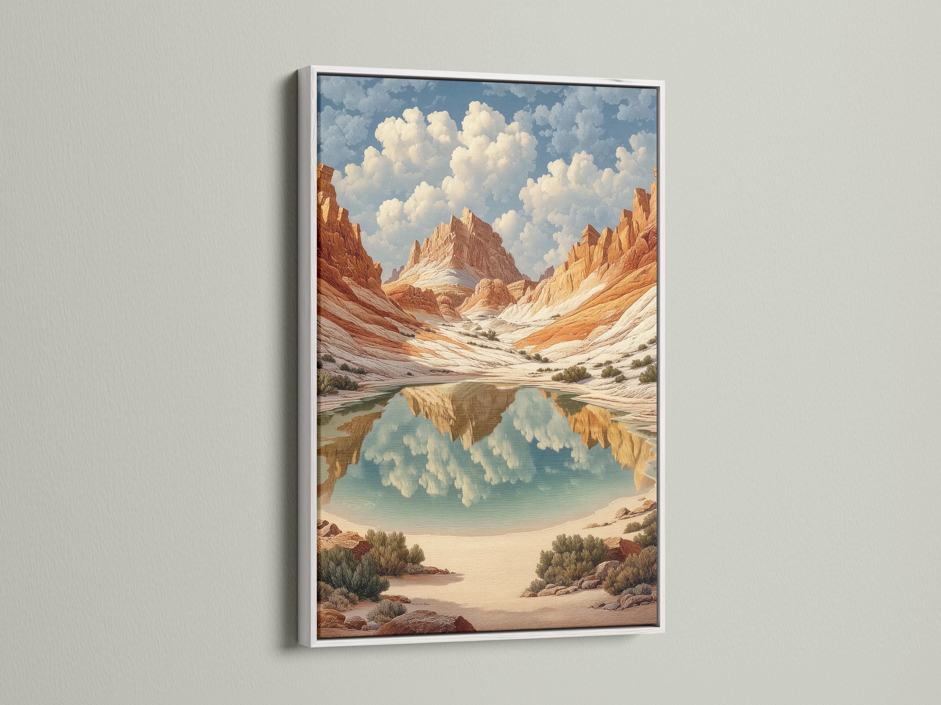 Terracotta desert canyon landscape with reflective water and cream clouds in a light blue sky detail view