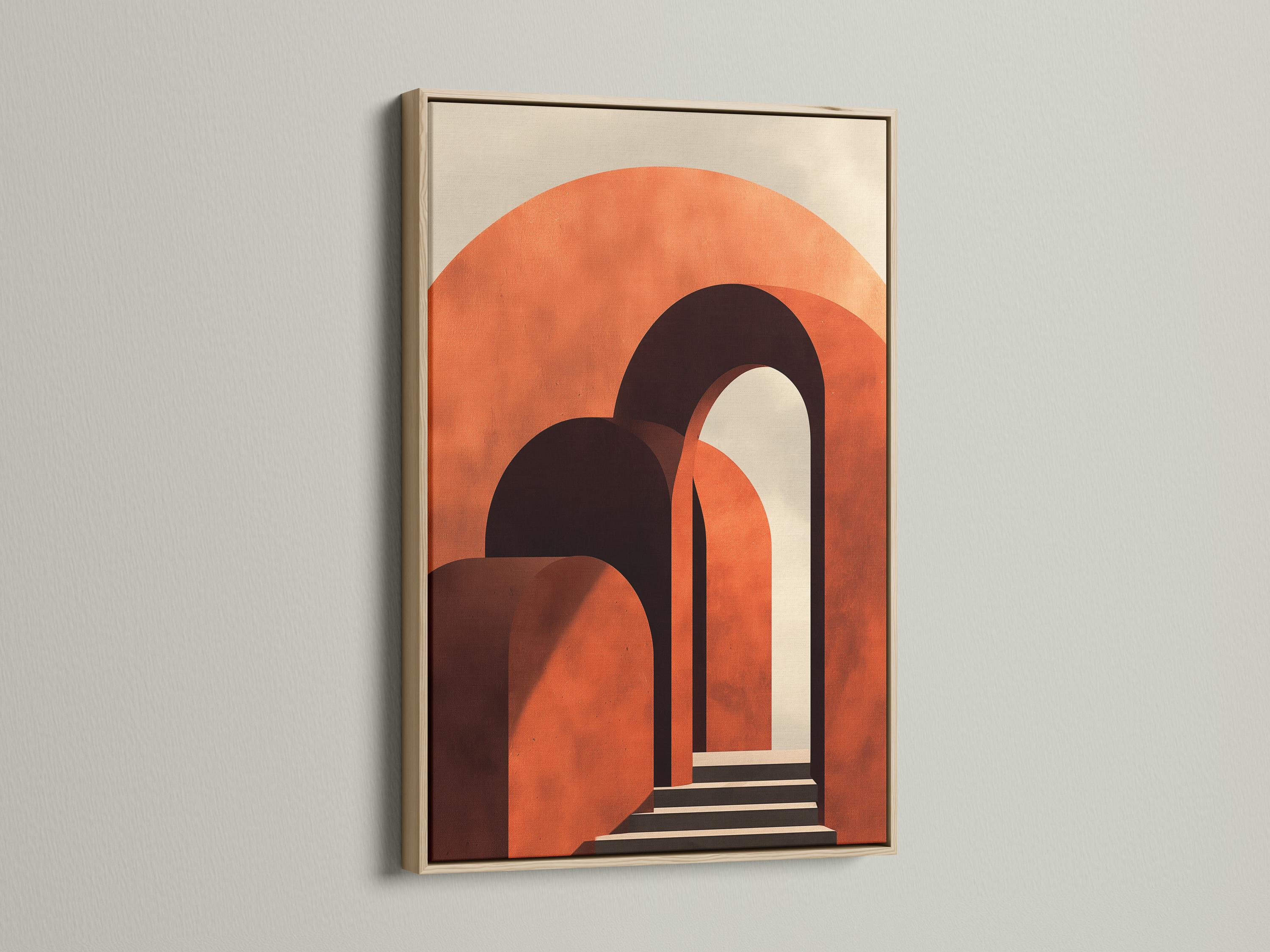 Abstract geometric archway artwork with burnt orange curves and dark charcoal doorway shapes detail view