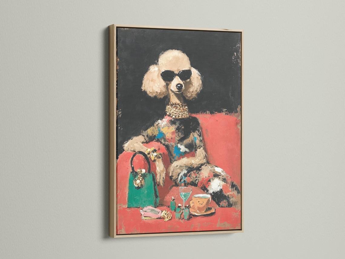 Stylised dog portrait with dark sunglasses, gold collar accents and coral and teal colour blocks detail view