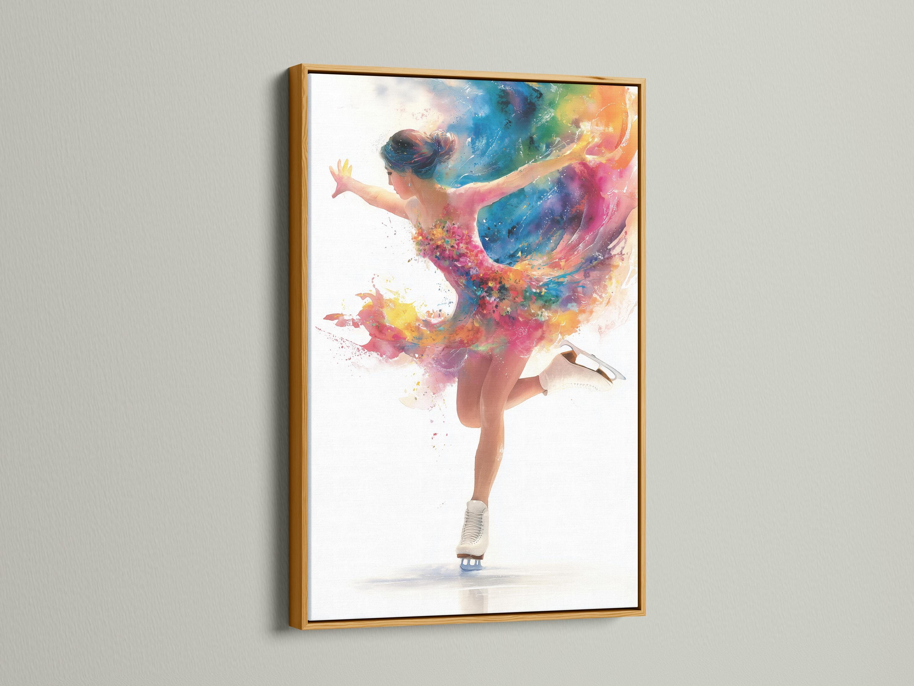 Stylised figure skater dancer with multicolour paint-splash motion over a white background detail view