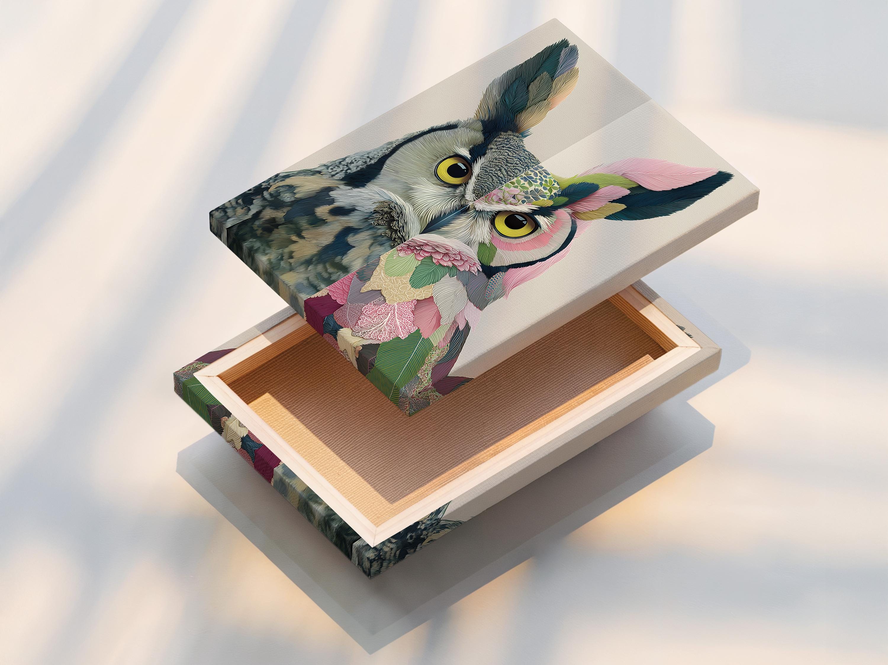 Split owl portrait with yellow eyes, fanned wings and pink flower plus green leaf details detail view