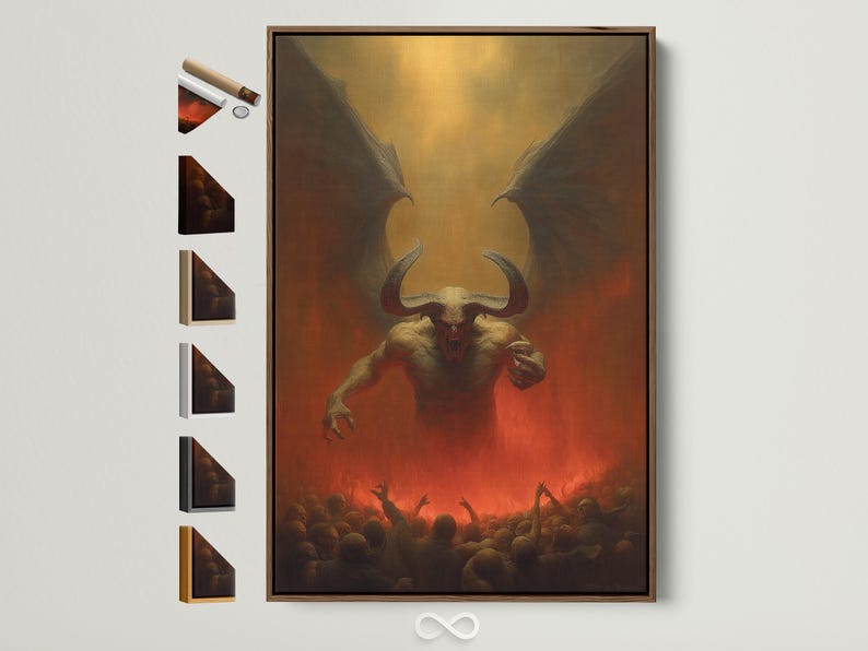 Inferno demon fantasy painting with horned wings, clawed hands and glowing red flames