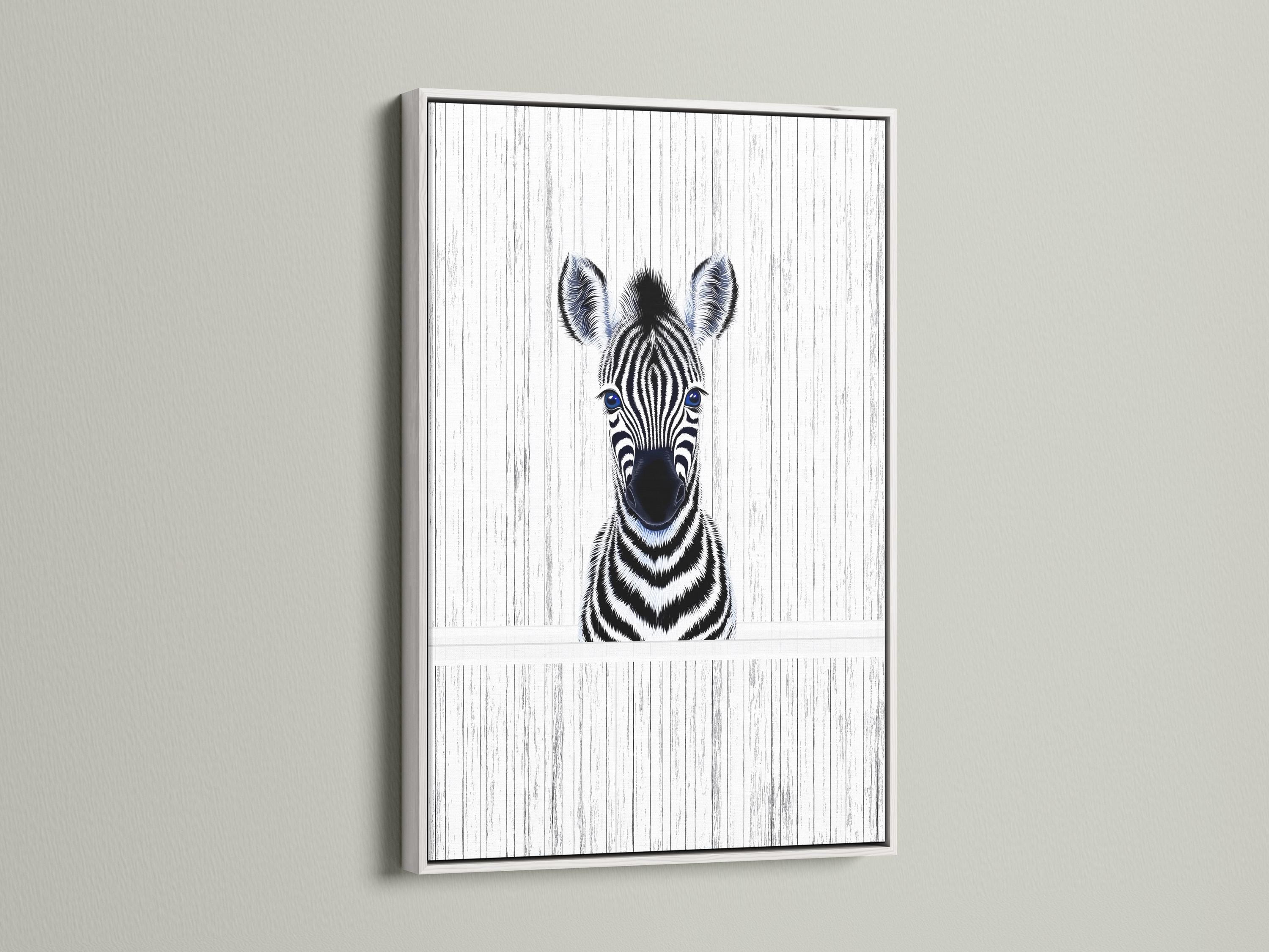 Room mockup showing framed zebra portrait wall art with black and white stripes and blue eyes