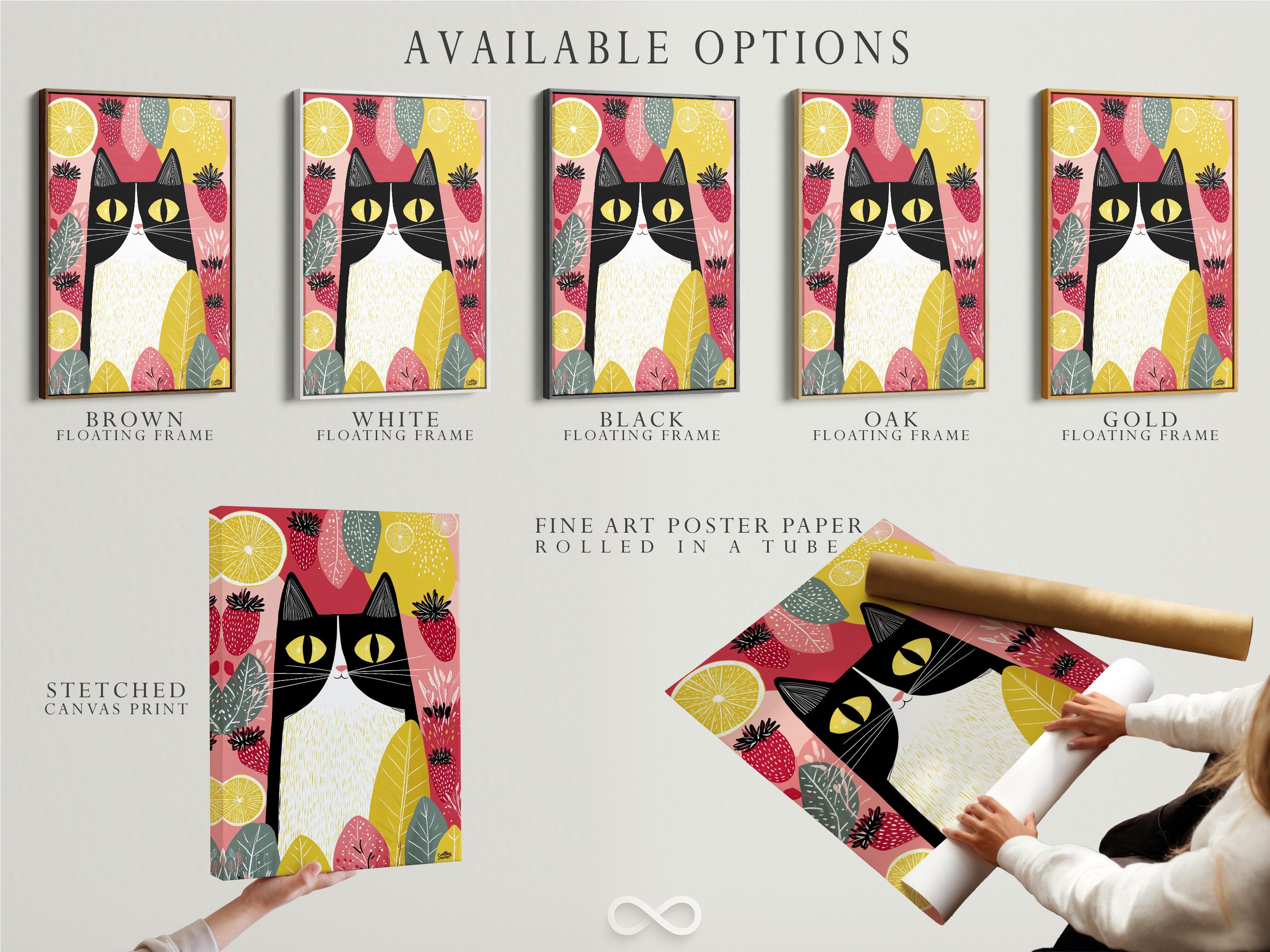 Illustrated black cat with yellow eyes surrounded by strawberries, citrus slices and leaves detail view