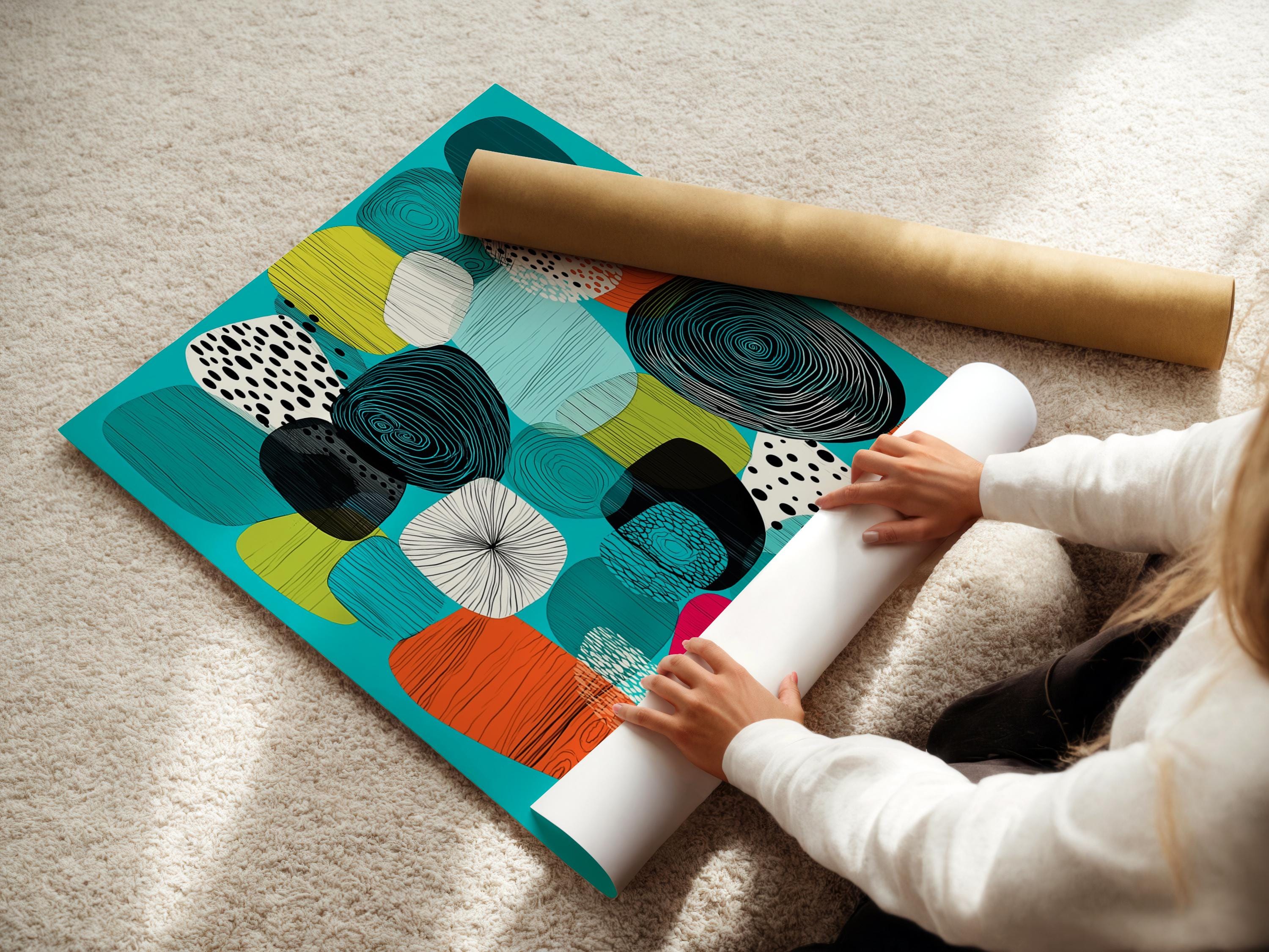 Abstract artwork in a framed composition with turquoise background and patterned shapes