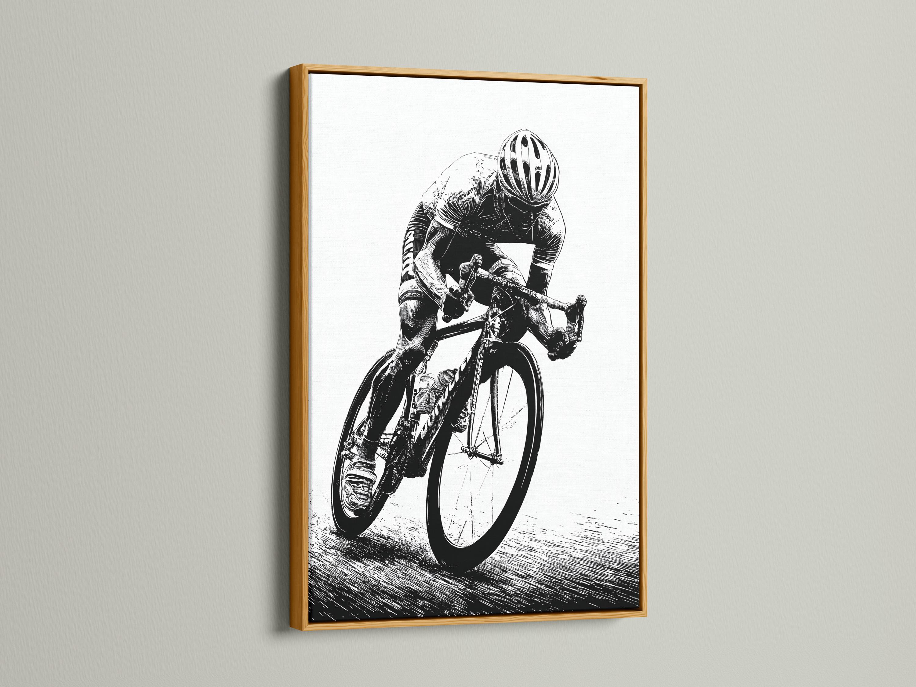 Room mockup showing a framed black and white cyclist illustration on a wall