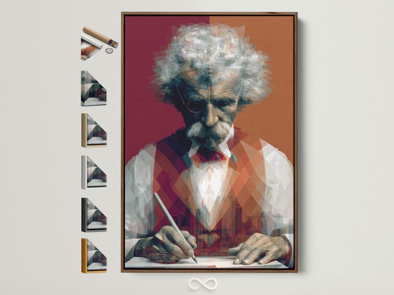 Geometric portrait of a writer in a hat and glasses holding a pen over a desk