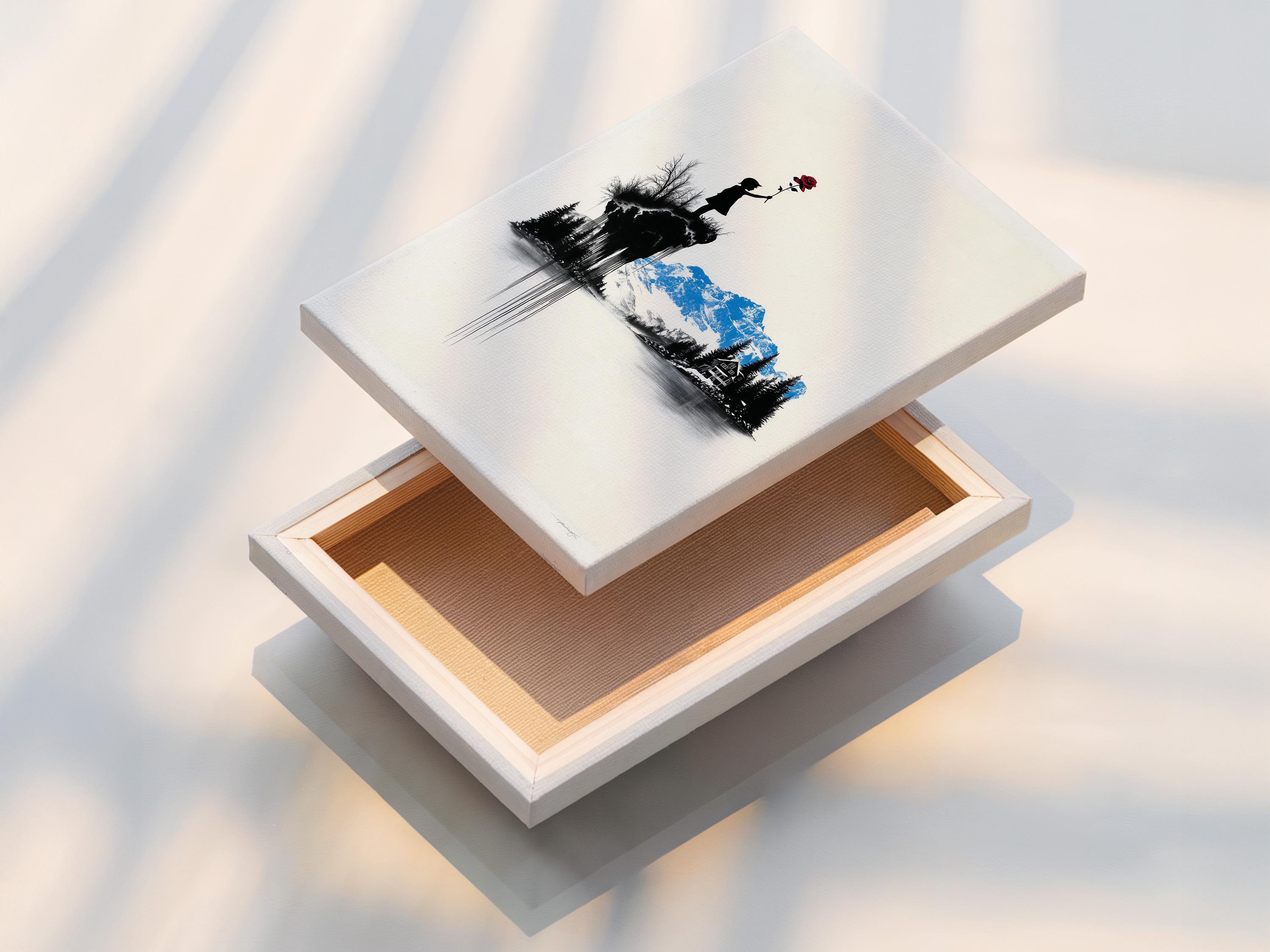 Room mockup showing a framed artwork of a monochrome mountain scene with a girl silhouette holding a red rose