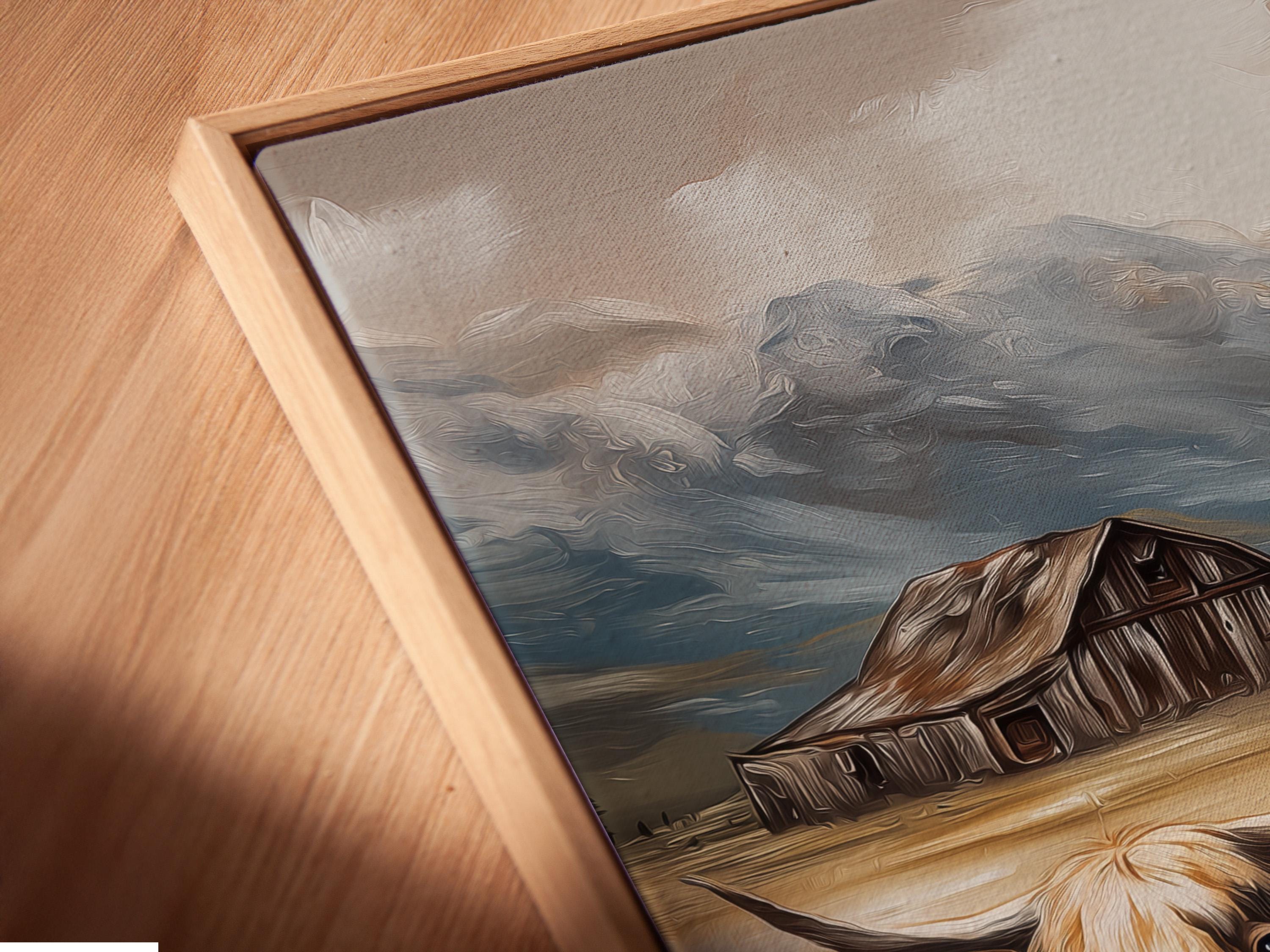 Painterly countryside scene with two horned cows, a barn, hills and cloudy sky detail view