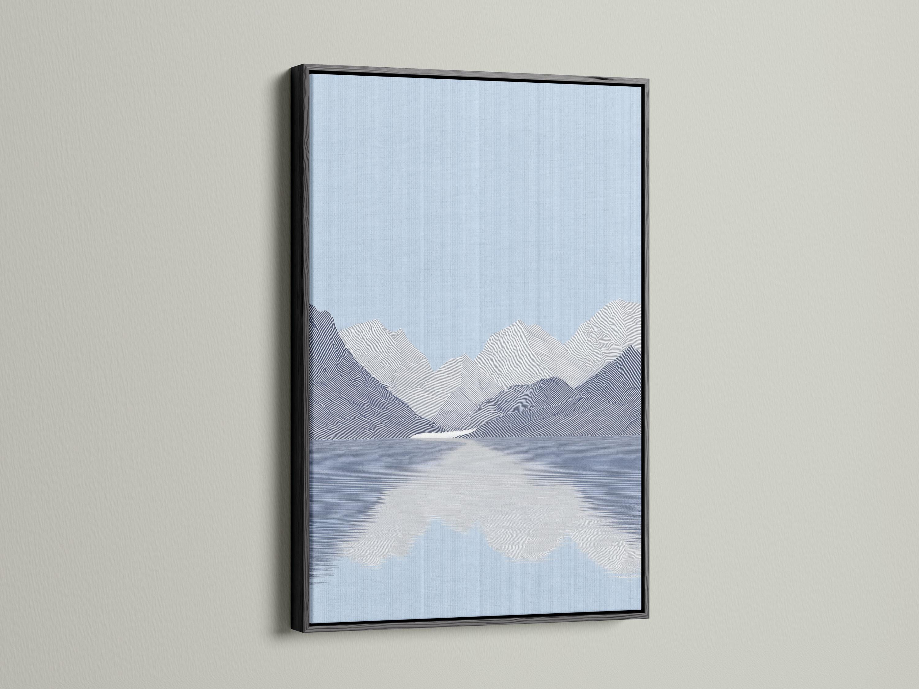 Minimalist light blue mountain landscape with layered contour lines and reflective water detail view