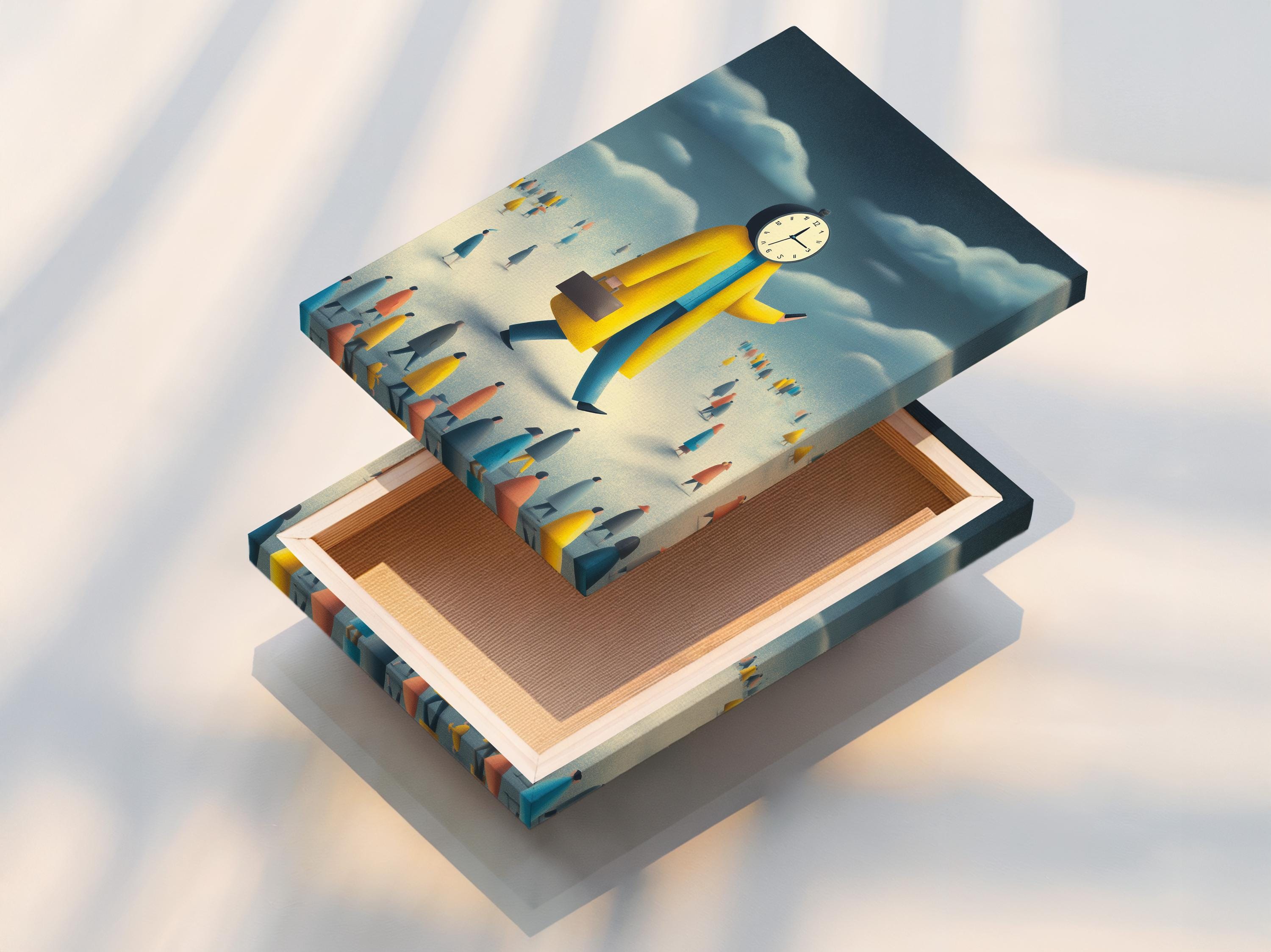 Mockup showing a framed clock-headed figure artwork in yellow and blue on a wall with supporting thumbnail views