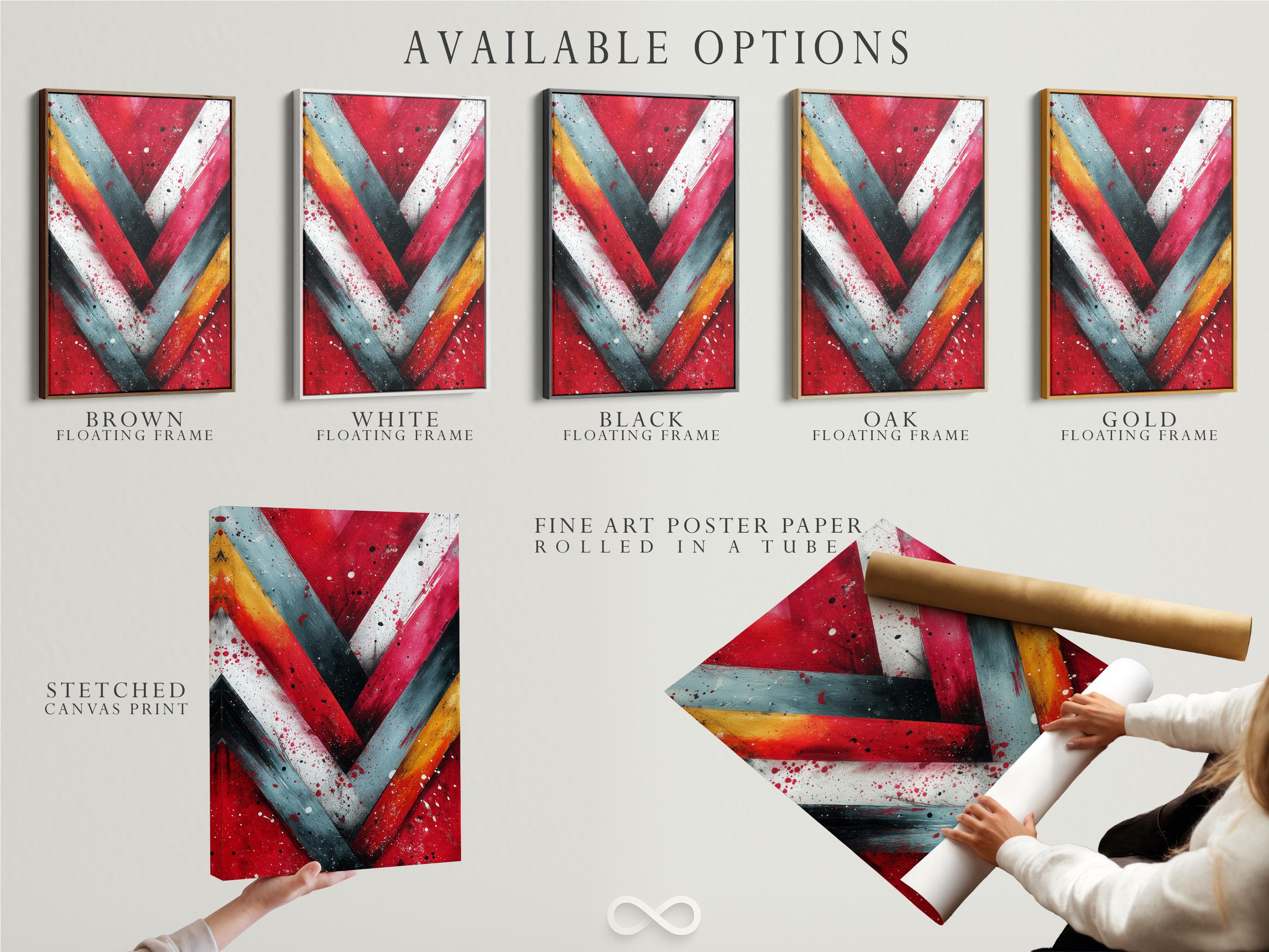 Abstract chevron V shape in red, teal and warm yellow with speckled dots detail view